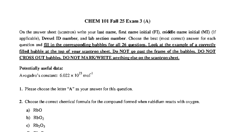 CHEM 101 F25 Exam 3 (A) with Answer Key - Studocu