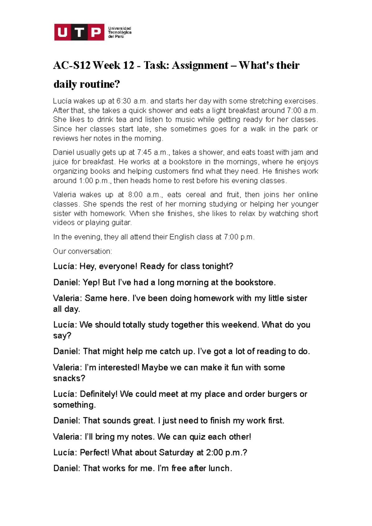 Inglés Homework: Week 12 Daily Routines Assignment - Studocu