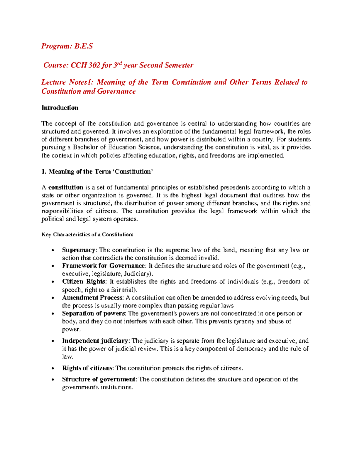Lecture 1 Notes: Understanding Constitution & Governance in CCH 302 ...