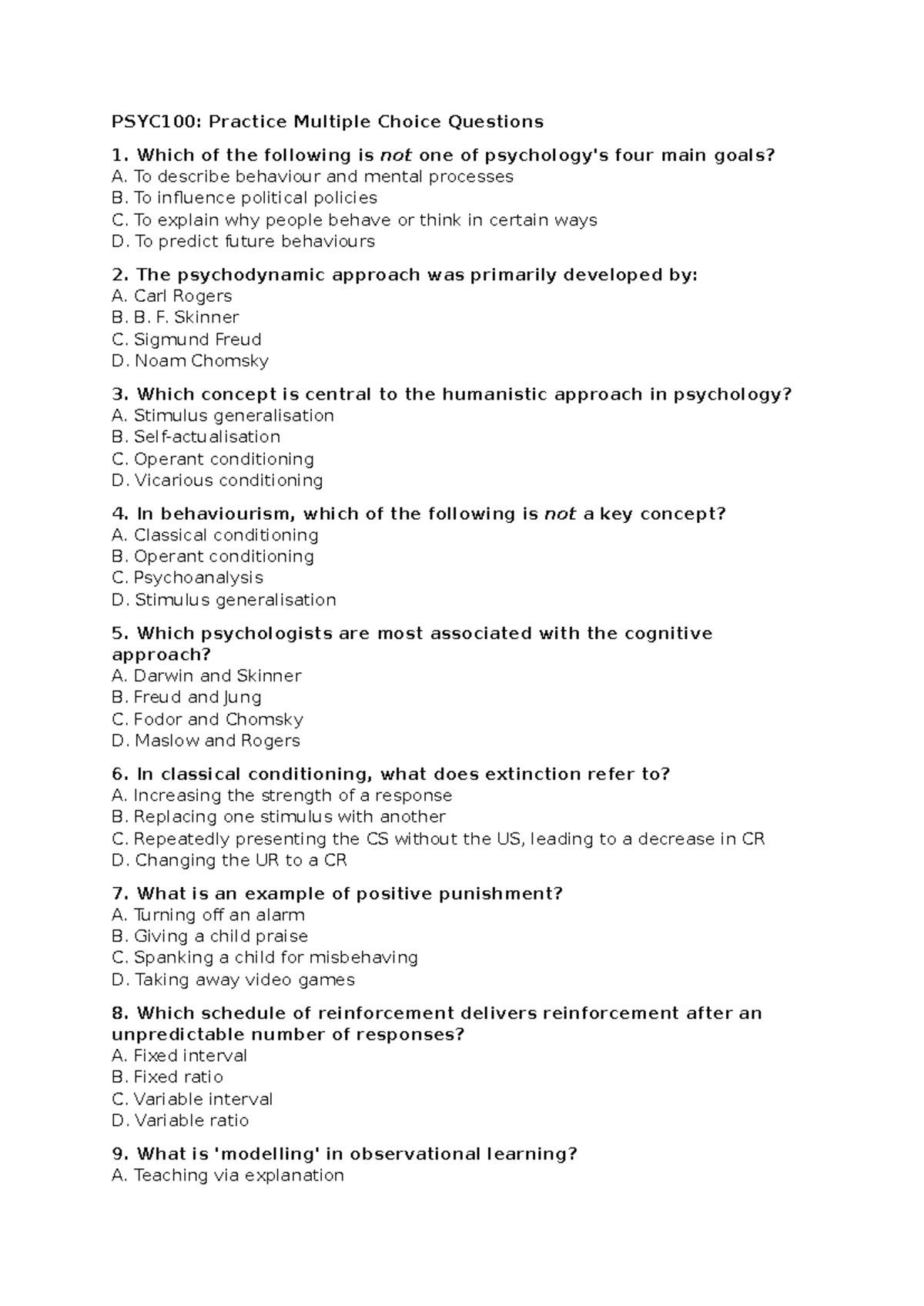 PSYC100: Practice Exam - Multiple Choice Questions Overview - Studocu