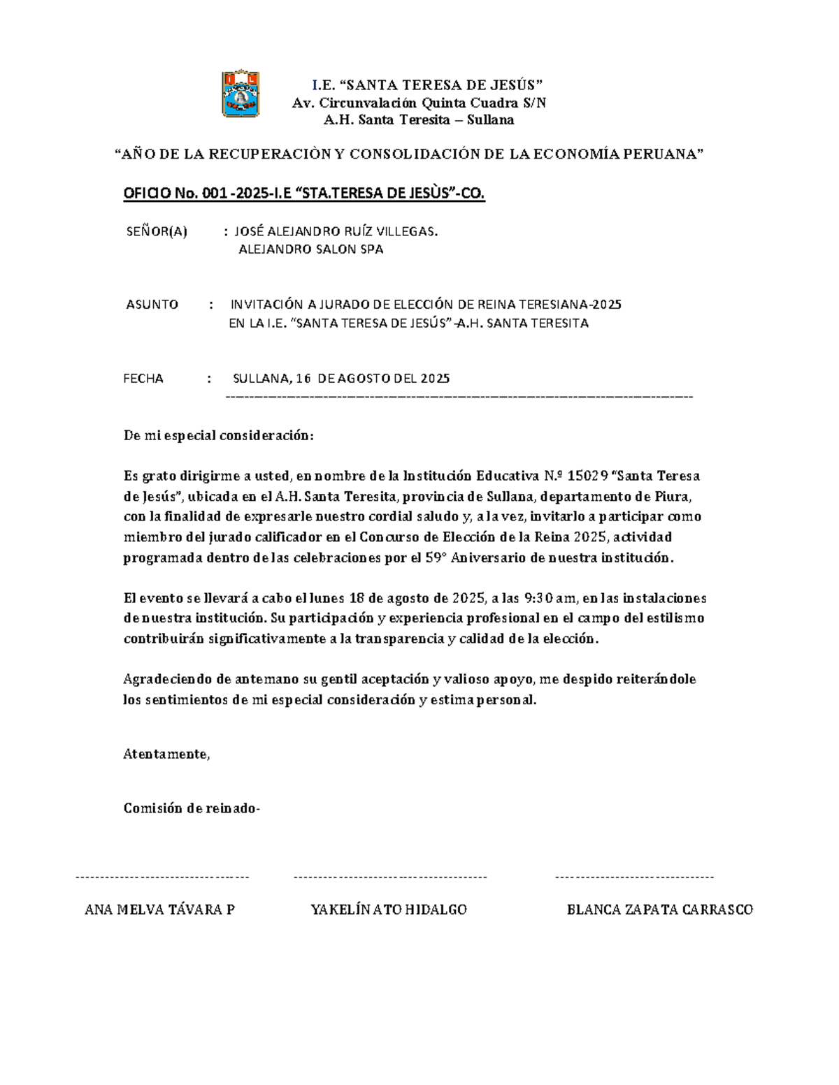 Oficio de Invitación al Jurado del Concurso de Reina 2025 - I.E. 15029 - Document Preview