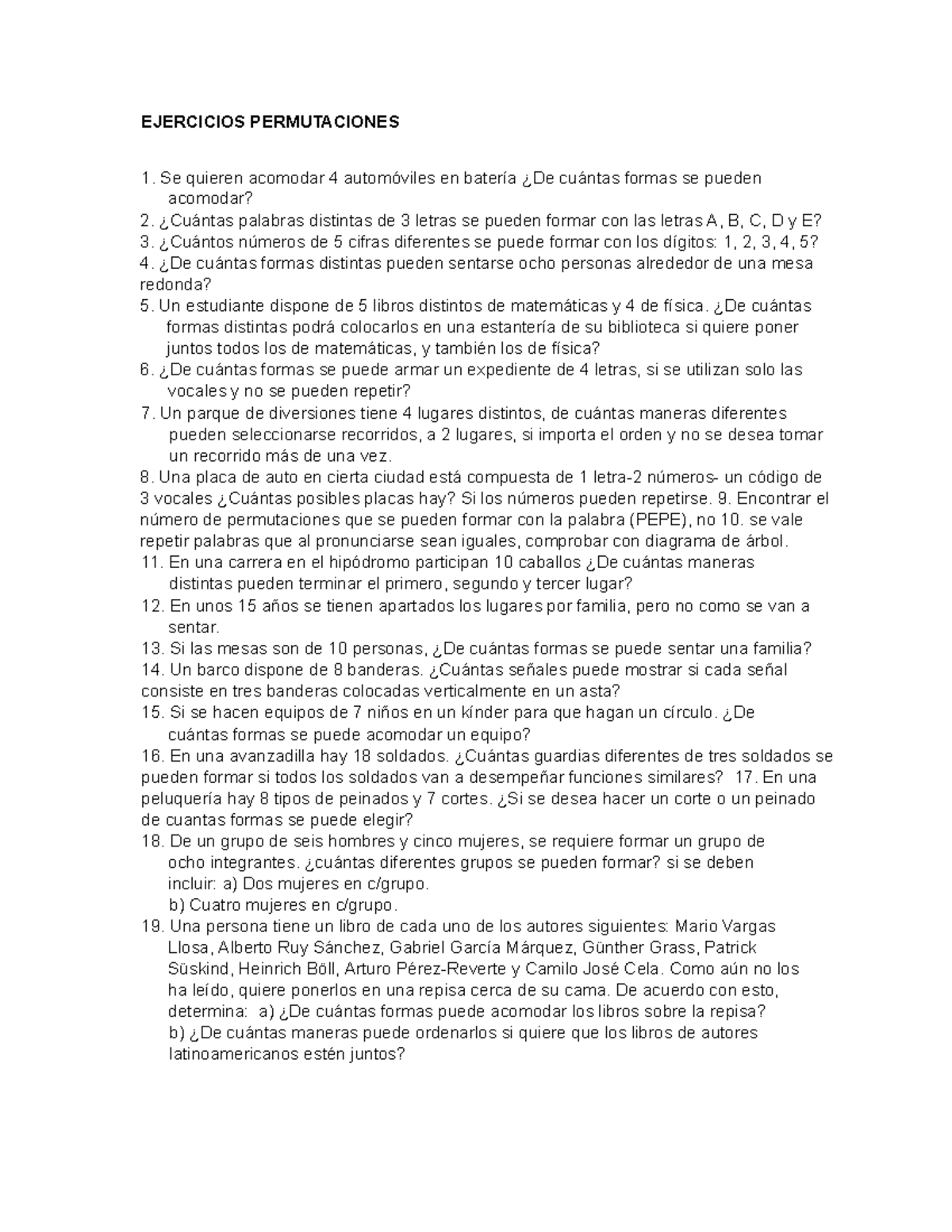 Ejercicios de Permutaciones y Combinaciones - Matemáticas - Studocu