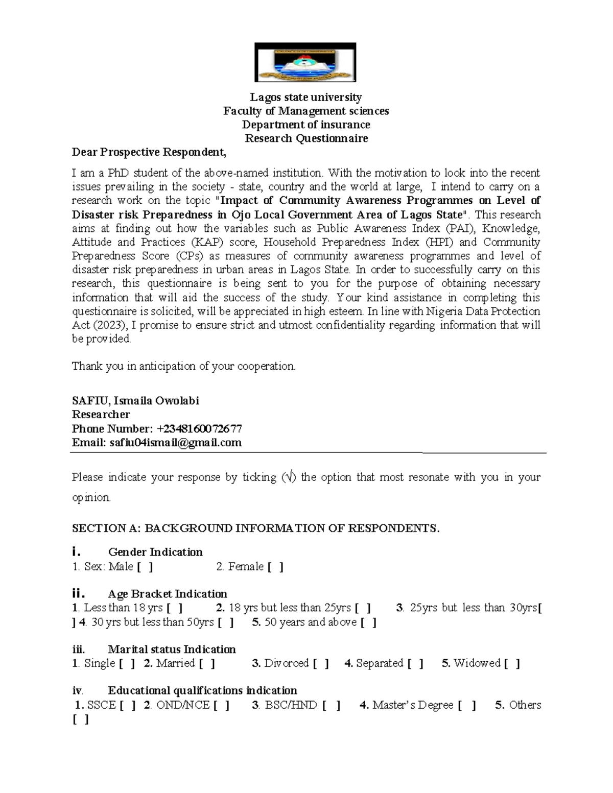 Community Awareness Programs & Disaster Risk Preparedness Questionnaire ...
