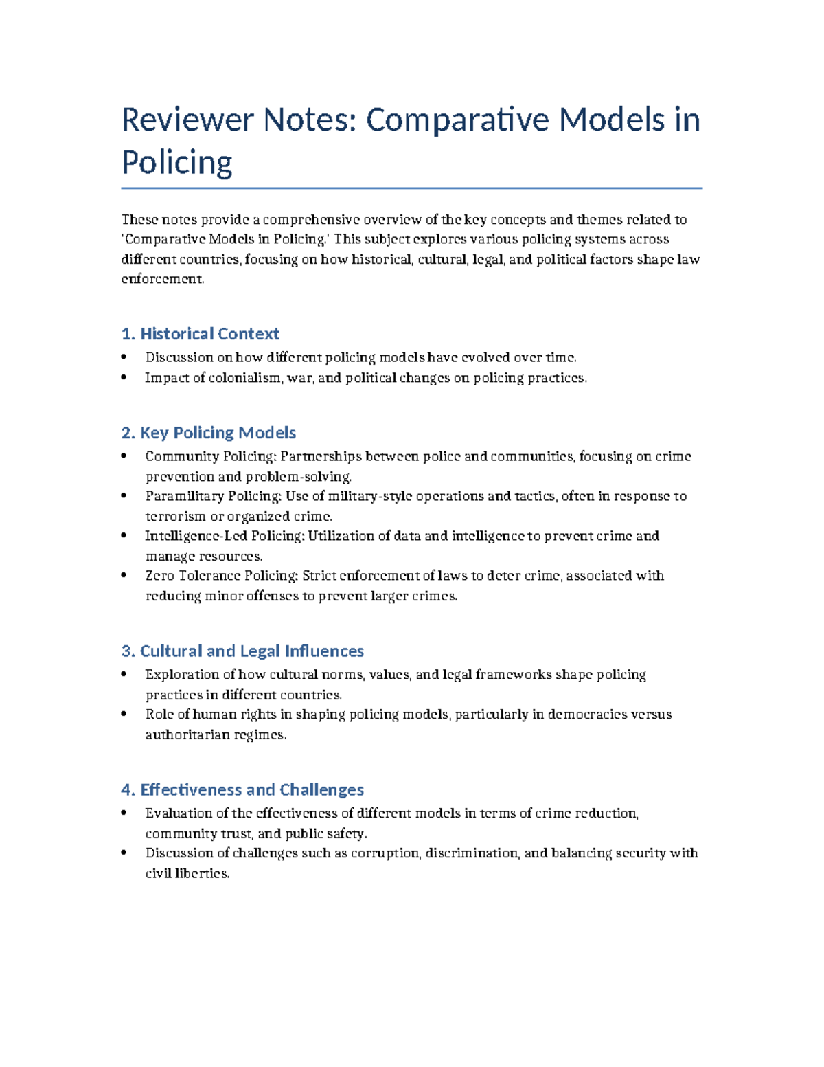 Comparative Models in Policing: Review Notes for Course POL101 - Studocu