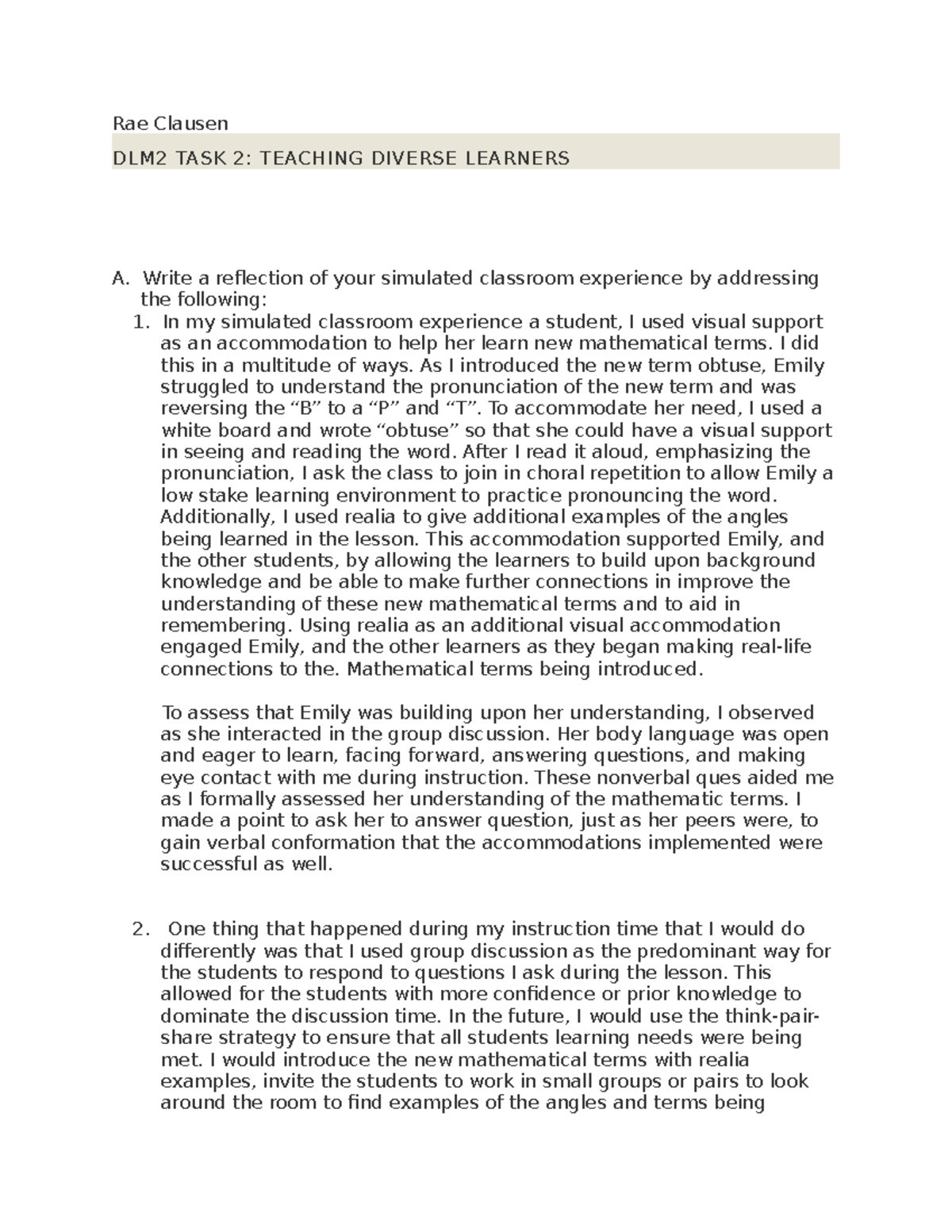D096 DLM2 Task 2 - Reflection on Teaching Diverse Learners - Studocu