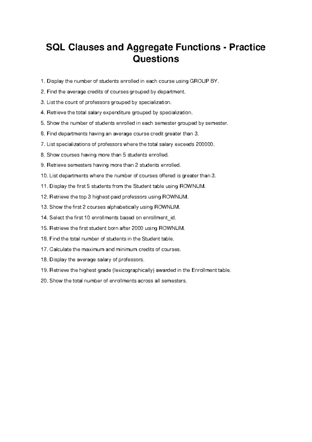 SQL Clauses & Aggregate Functions Practice Questions - Studocu