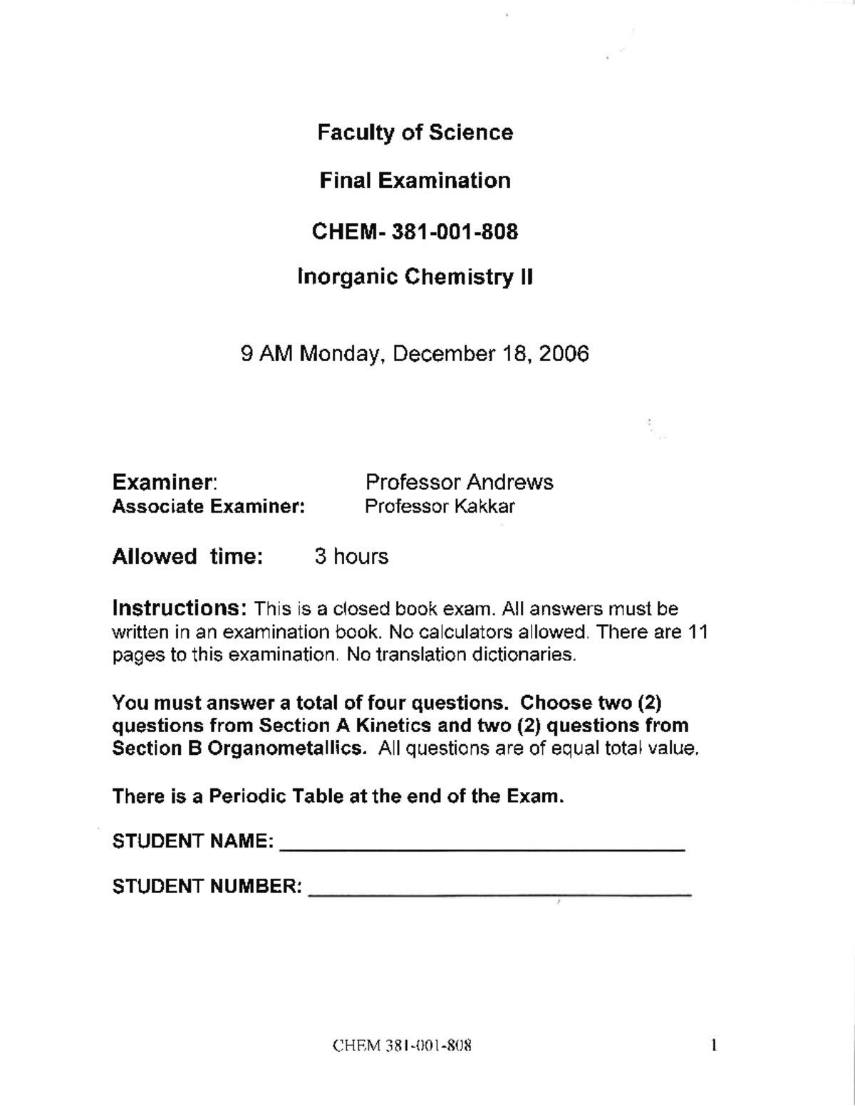 Exam 2009, questions - Faculty of Science Final Examination 381 ...