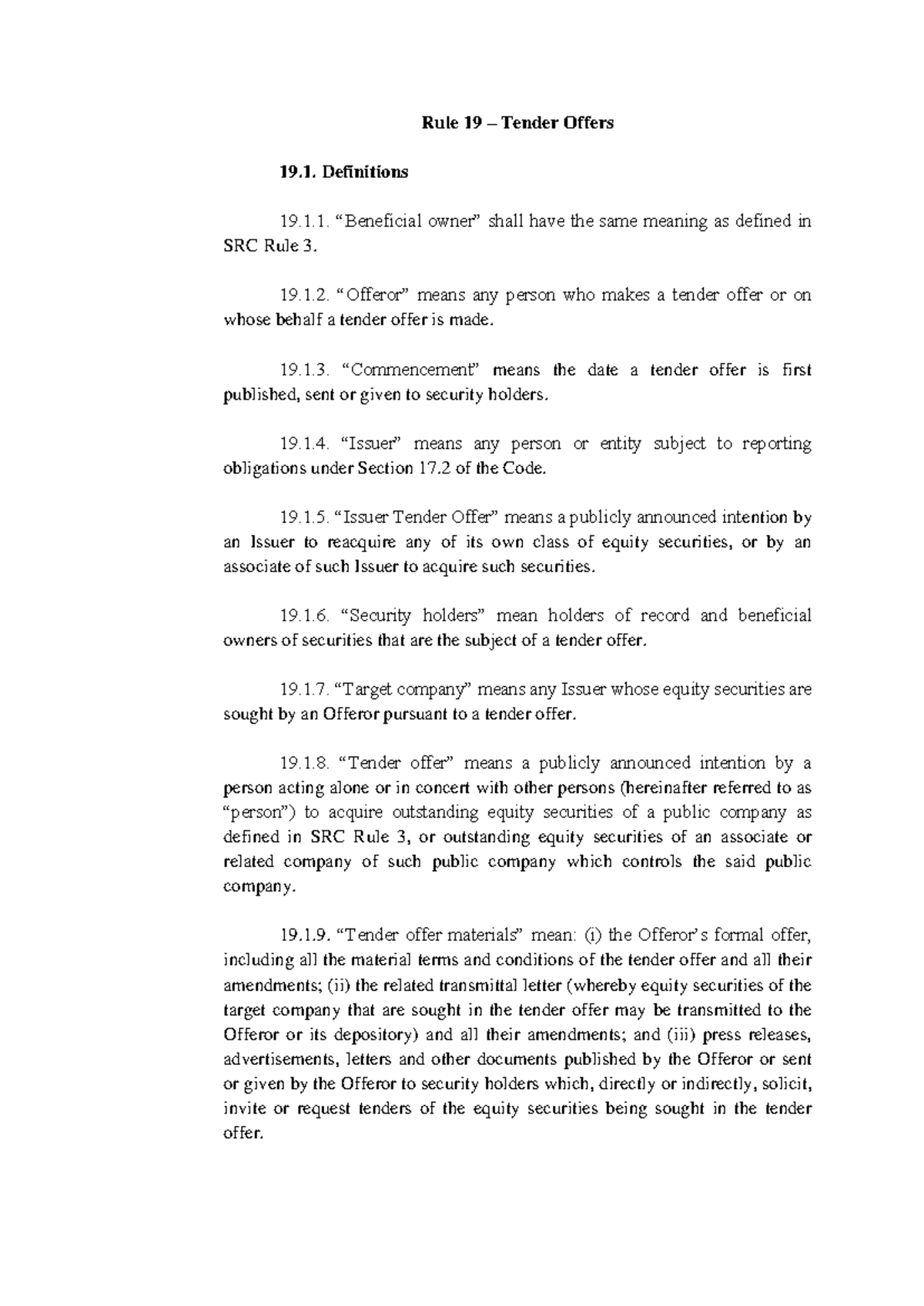 SRC-Rule-19 - Lecture Notes on Tender Offers and Definitions - Studocu
