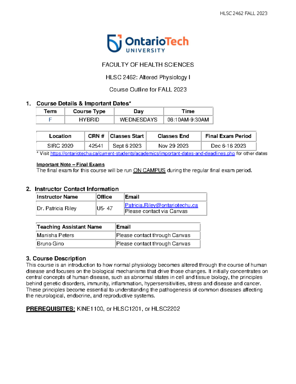 HLSC 2462 Fall 2023 Course Syllabus: Altered Physiology I Overview ...