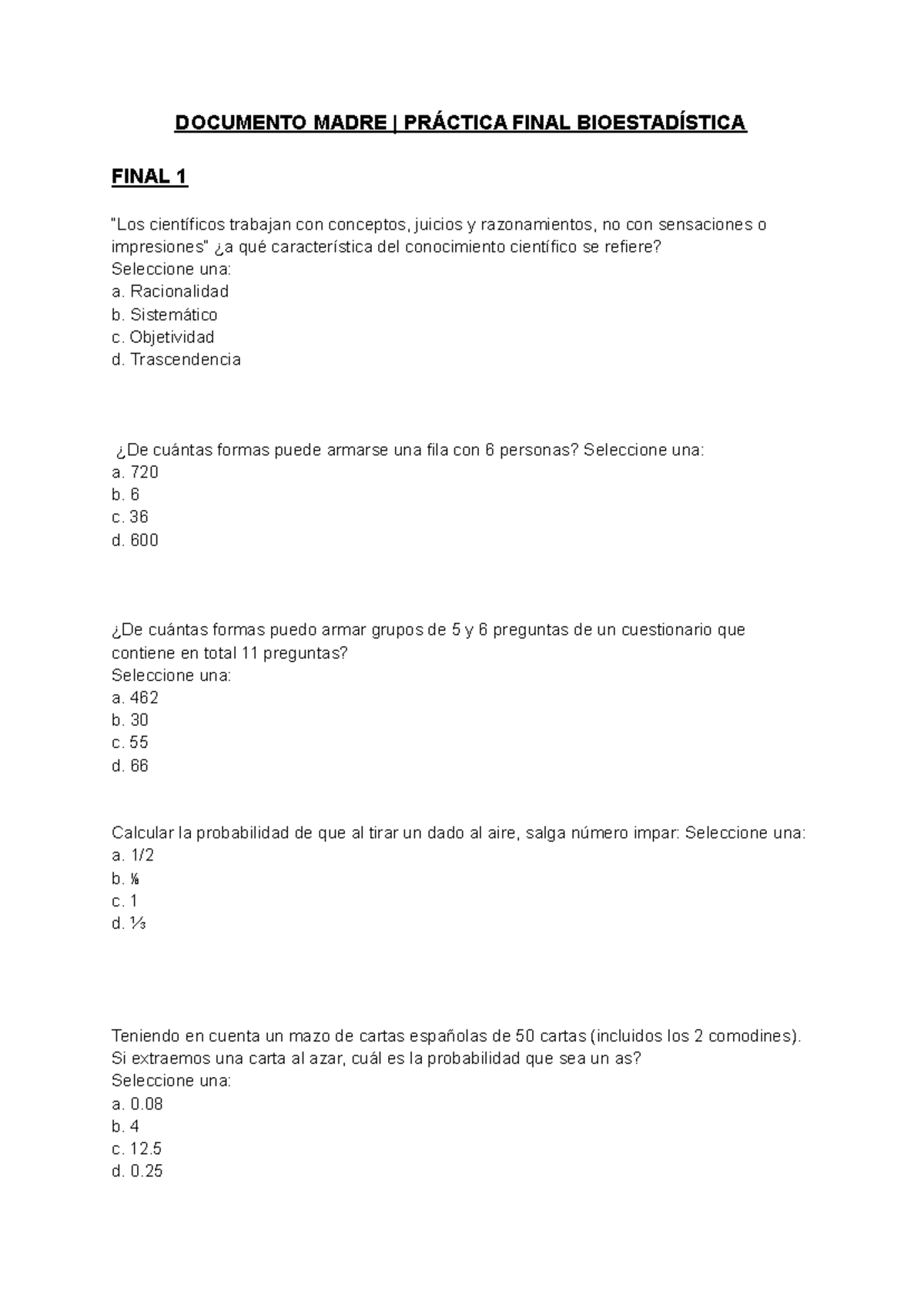 Final Exam Questions for Bioestadística (BIO 101) - Part 2 - Studocu