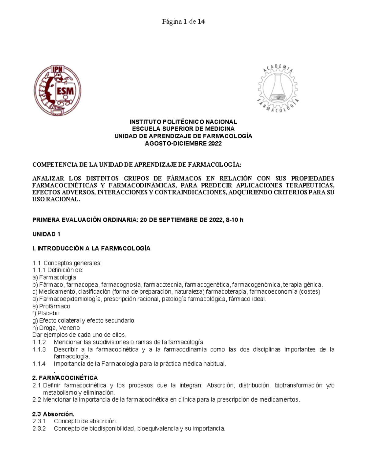 Temario de Farmacología para el Semestre Agosto-Diciembre 2022 - IPN - Document Preview
