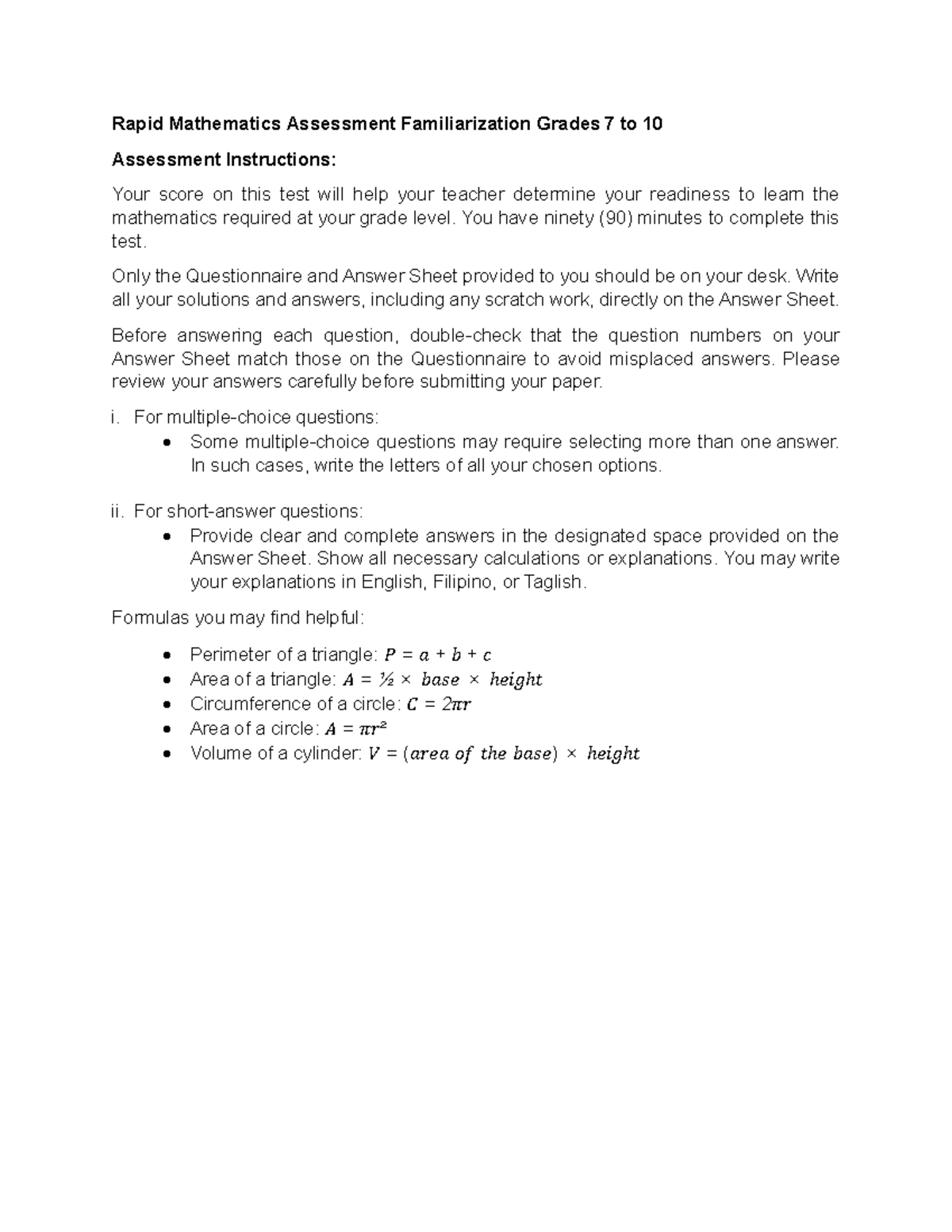 2526 V02 03-RMA-Parallel Assessment for Grades 7-10 - Studocu