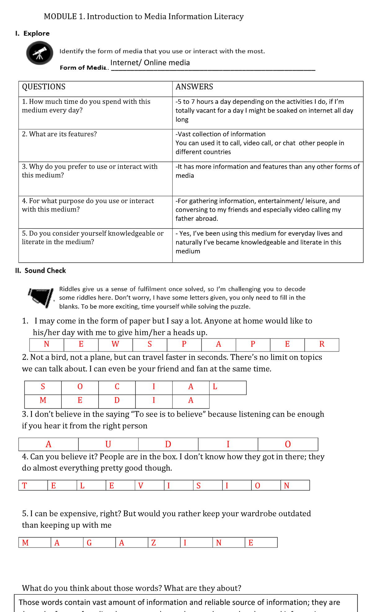 MIL 113131 - Key answers for modules - MODULE 1. Introduction to Media ...