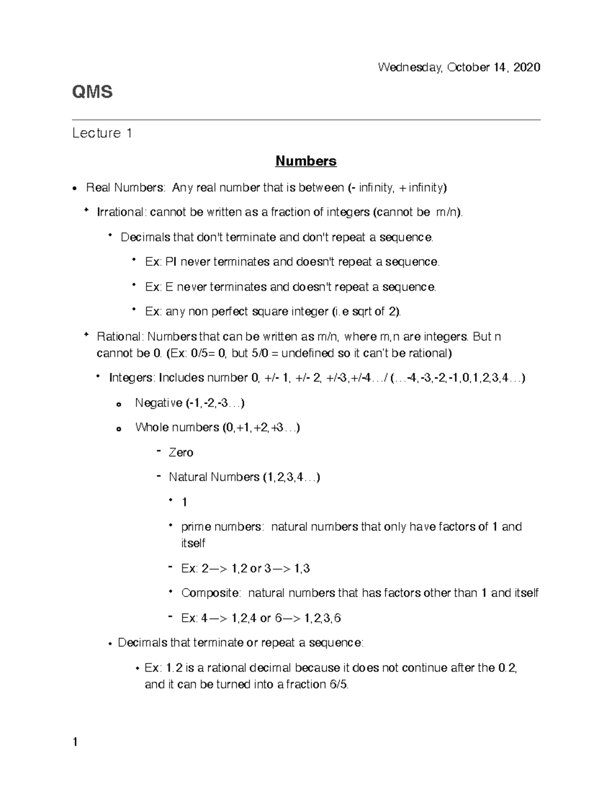 Qms 100 - Lecture notes 1-2 - QMS Lecture 1 Numbers • Real Numbers: Any ...