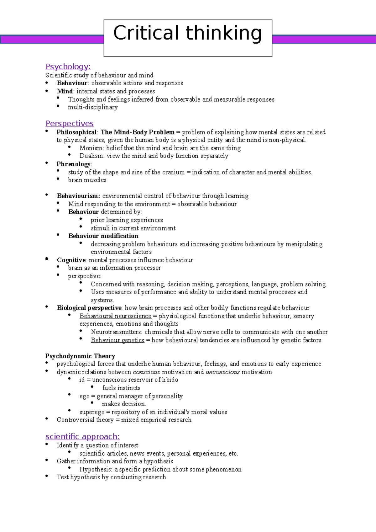 Summary of PSYC1101: Critical Thinking in Psychology Lectures - Studocu