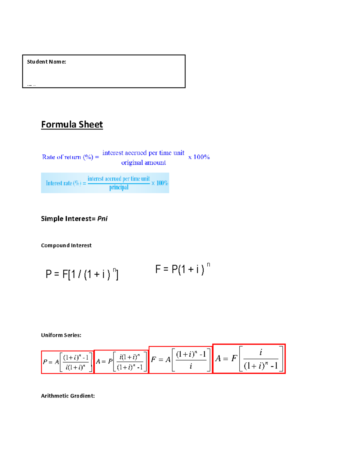 20 Formulas for Simple and Compound Interest - Final Sheet - Studocu