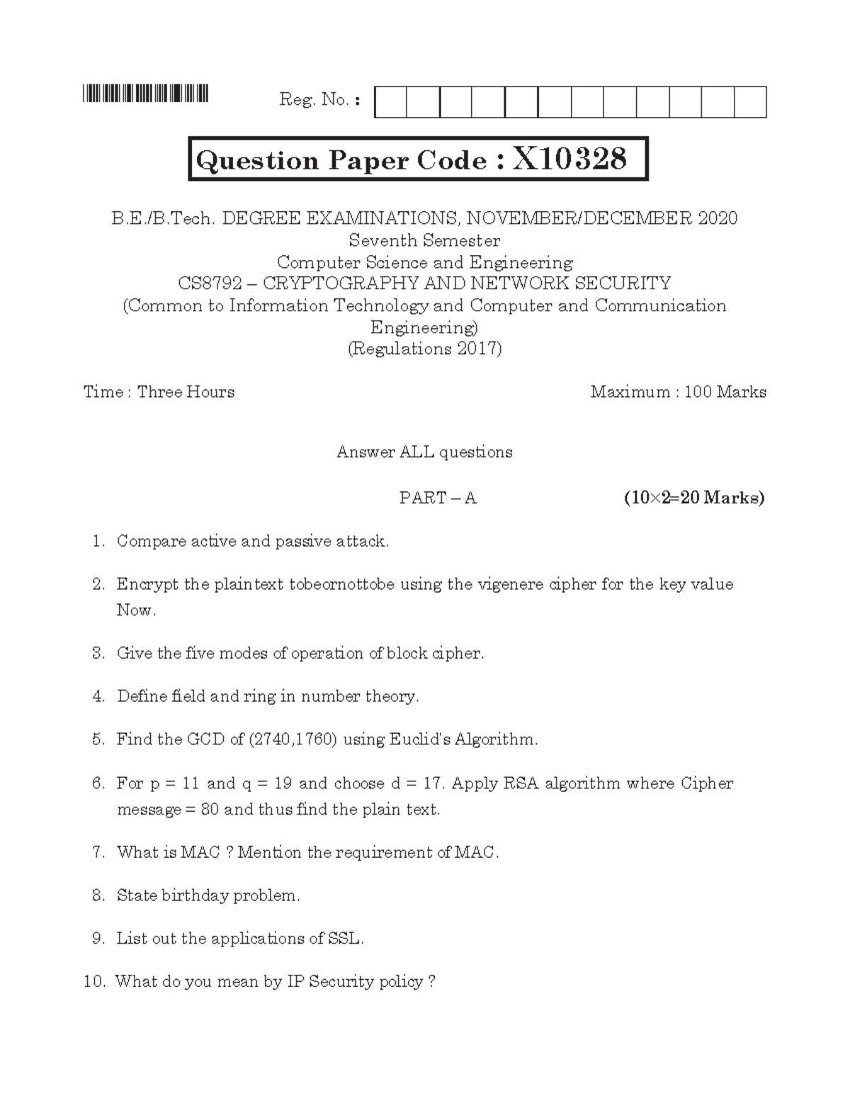 X10328 - CS8792 Final Exam: Cryptography and Network Security QP - Studocu