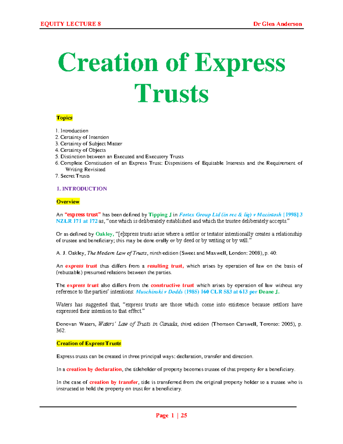 LAWS4010 Equity and Trusts Lecture 8: Creation of Express Trusts - Studocu