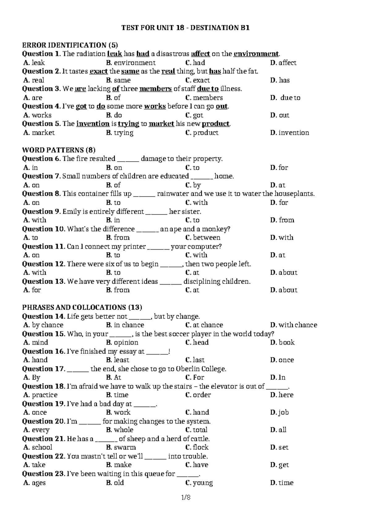 TEST UNIT 12 DESTINATION B1 ERROR IDENTIFICATION QUESTIONS - Studocu