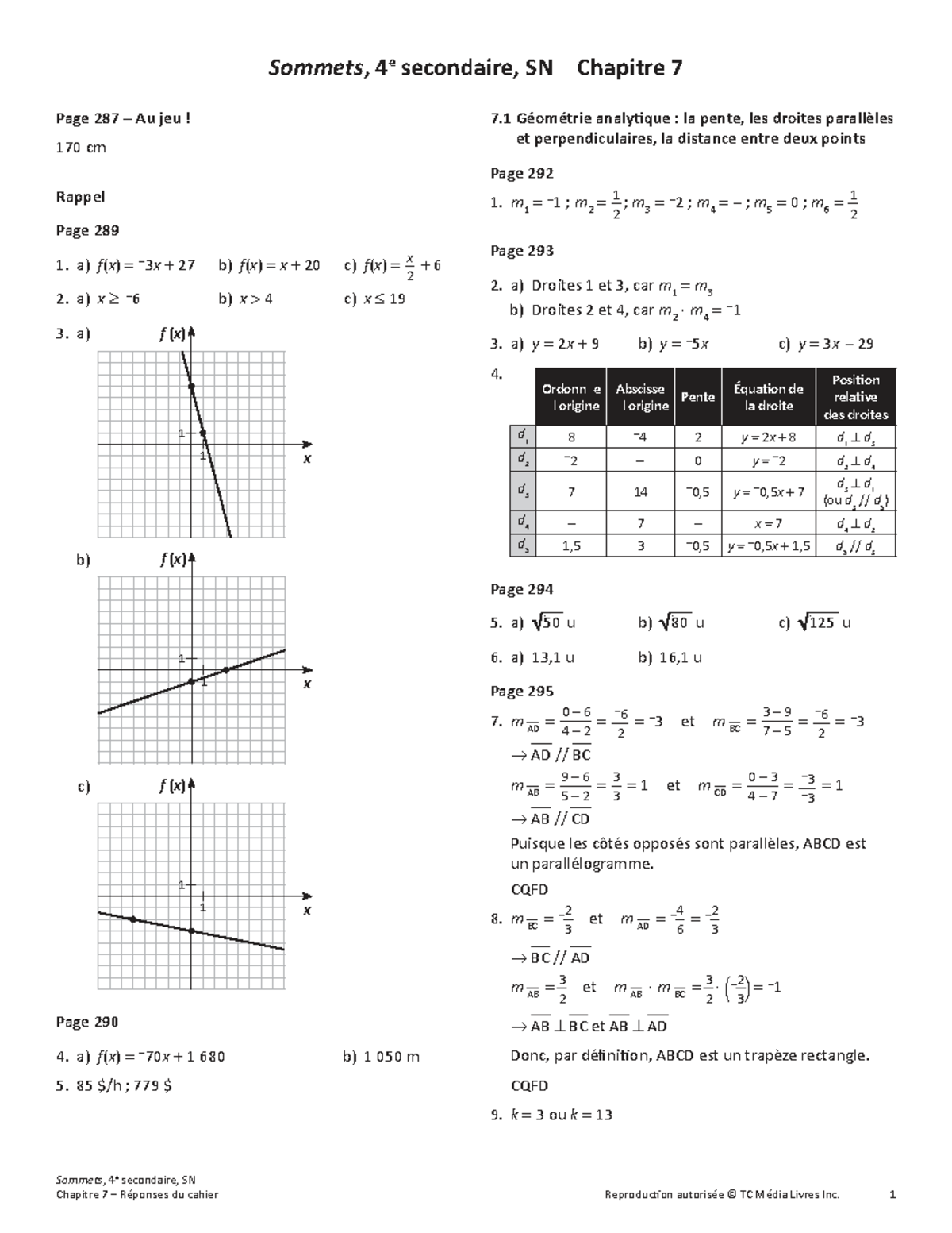 Sommets, 4e secondaire, SN Chapitre 7 : Réponses et Exercices - Document Preview