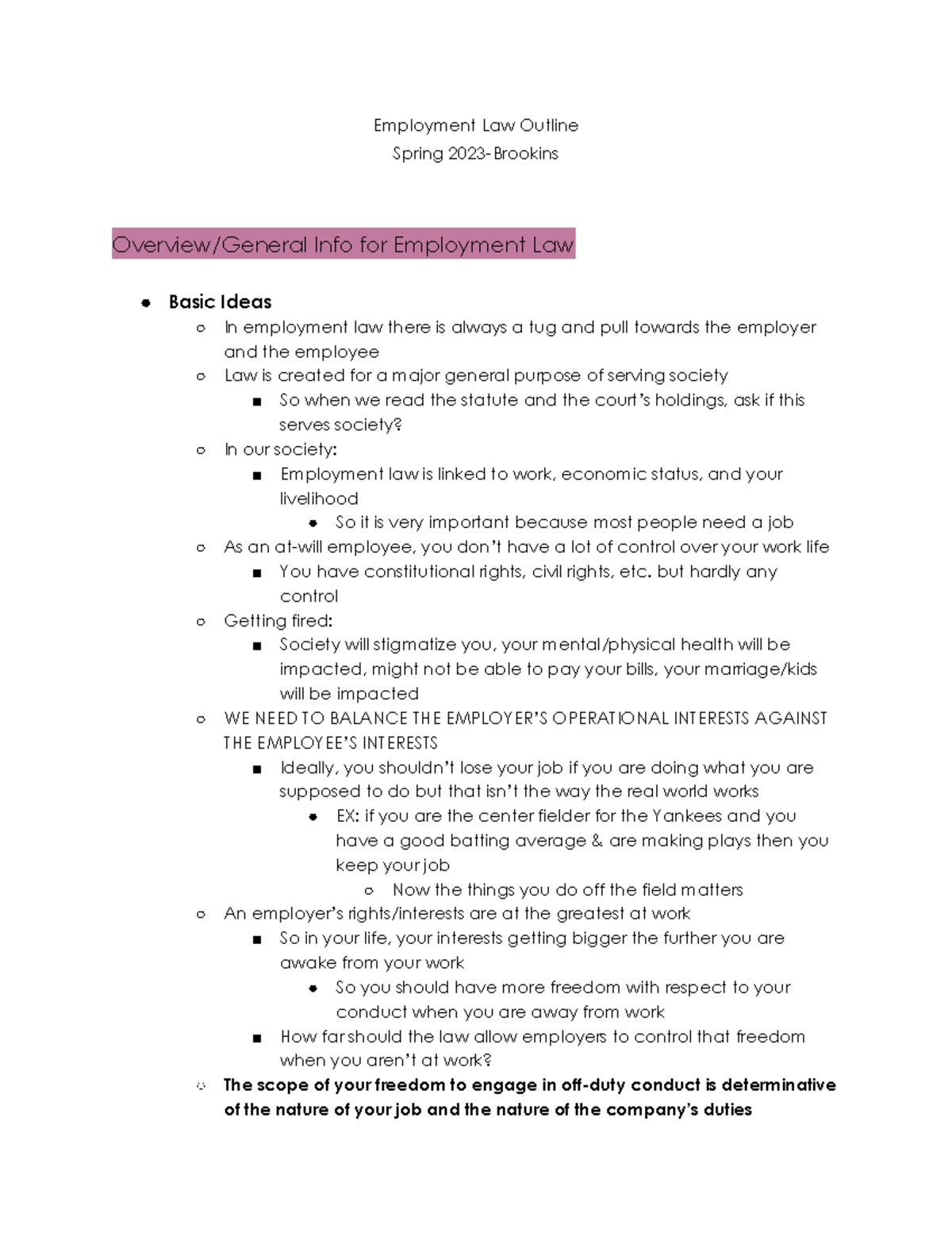 Employment Law Outline (Spring) - Key Concepts and Case Studies - Studocu