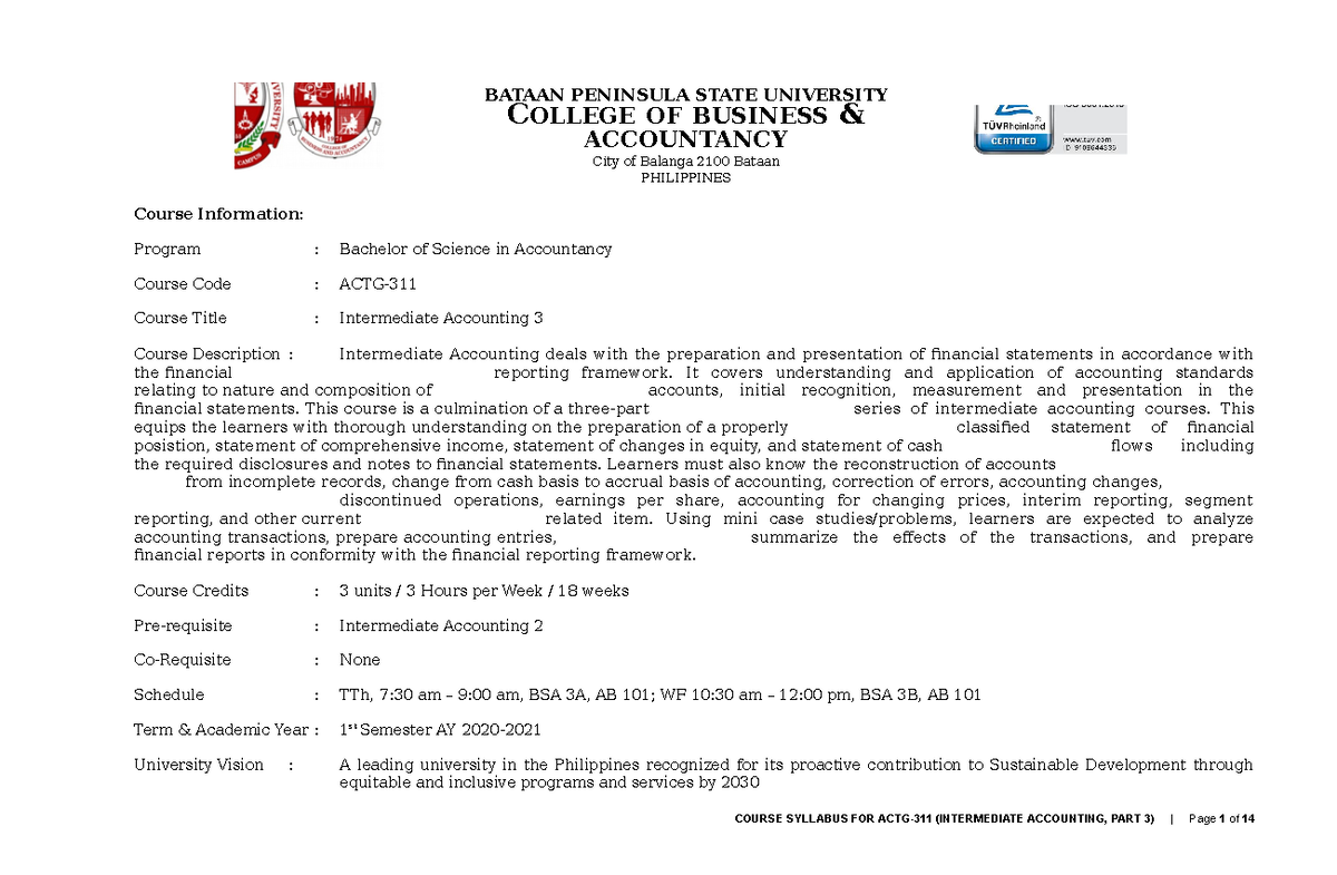 ACTG- Intermediate Accounting 3 Course Syllabus and Overview - Studocu