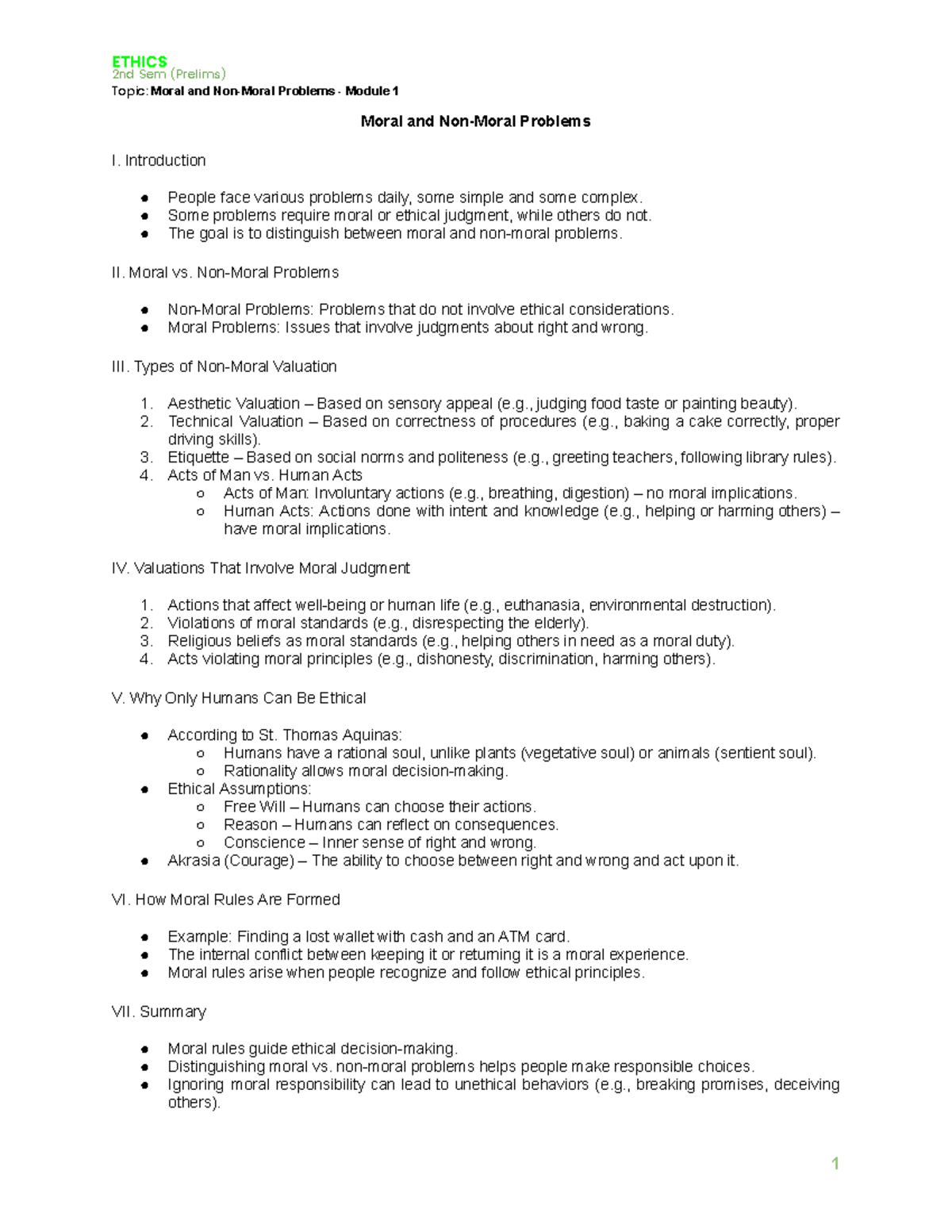 Ethics 101: Moral vs. Non-Moral Problems - 2nd Sem Prelims - Studocu
