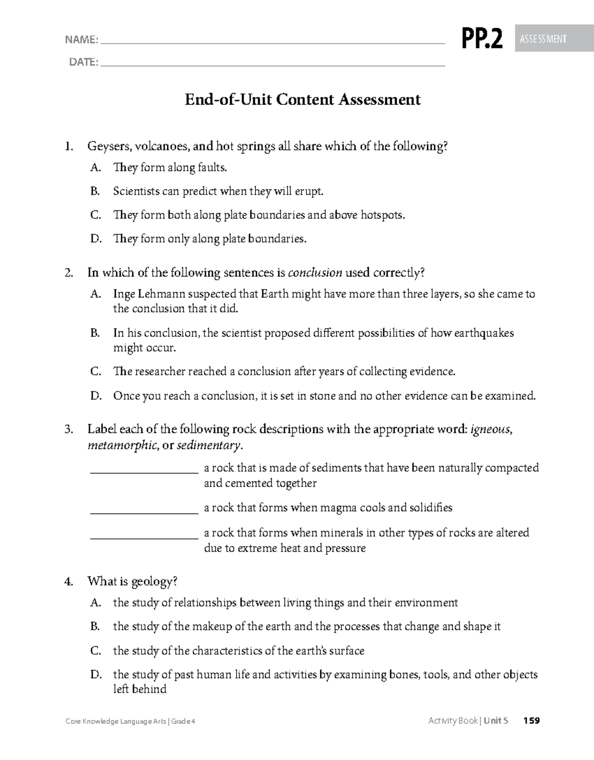 Core Knowledge Language Arts | Grade 4 | Unit 5 Assessment Activity ...