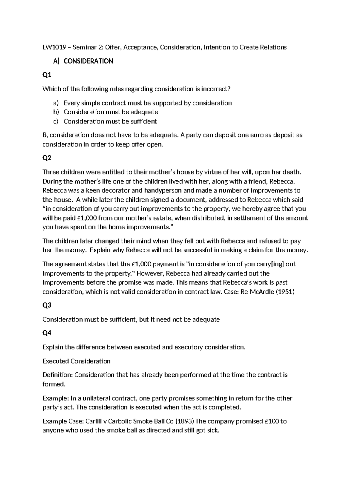 Seminar 2 - consideration - LW1019 – Seminar 2: Offer, Acceptance ...