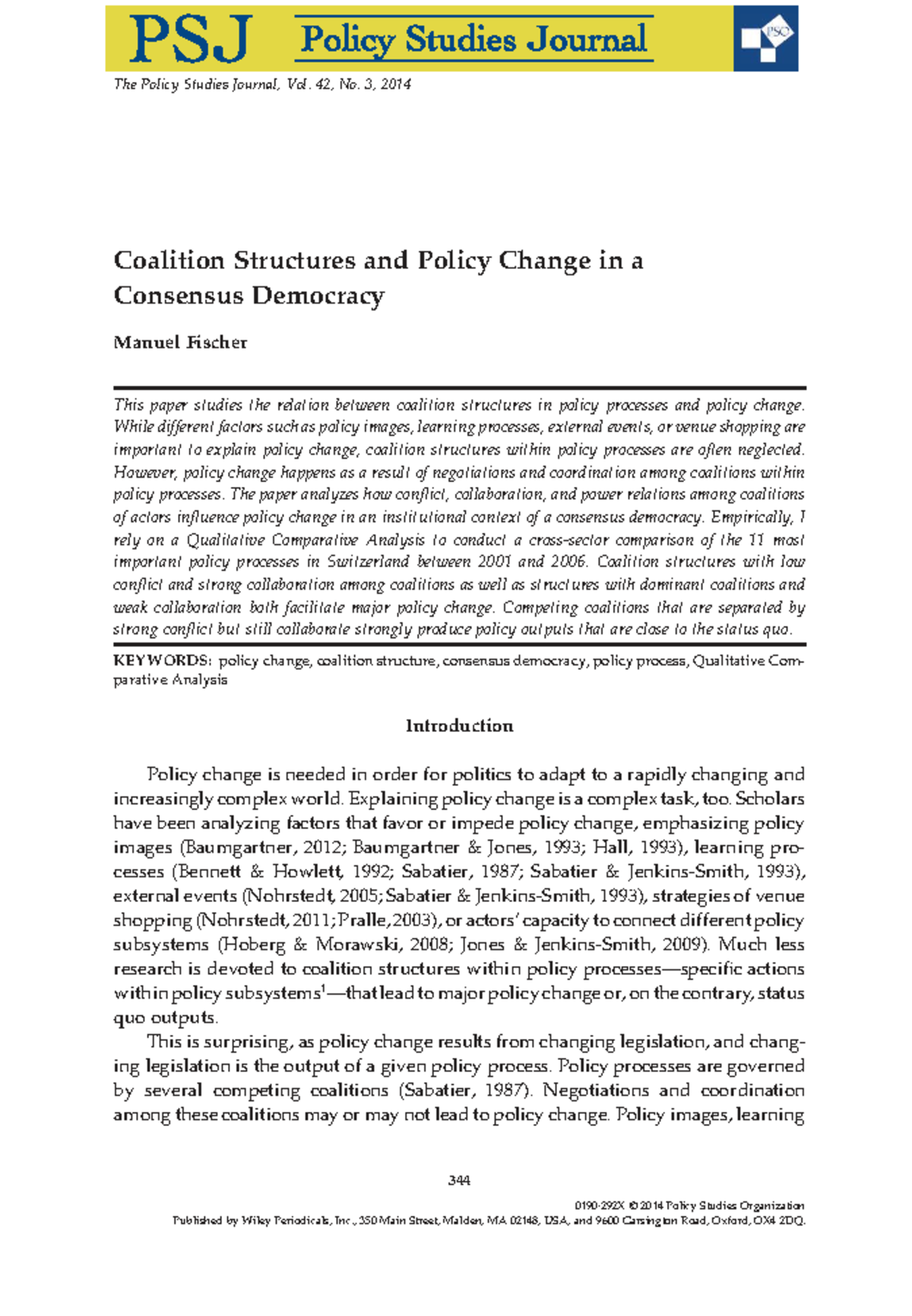Coalition Structures and Policy Change in Consensus Democracy (PSJ 42:3 ...
