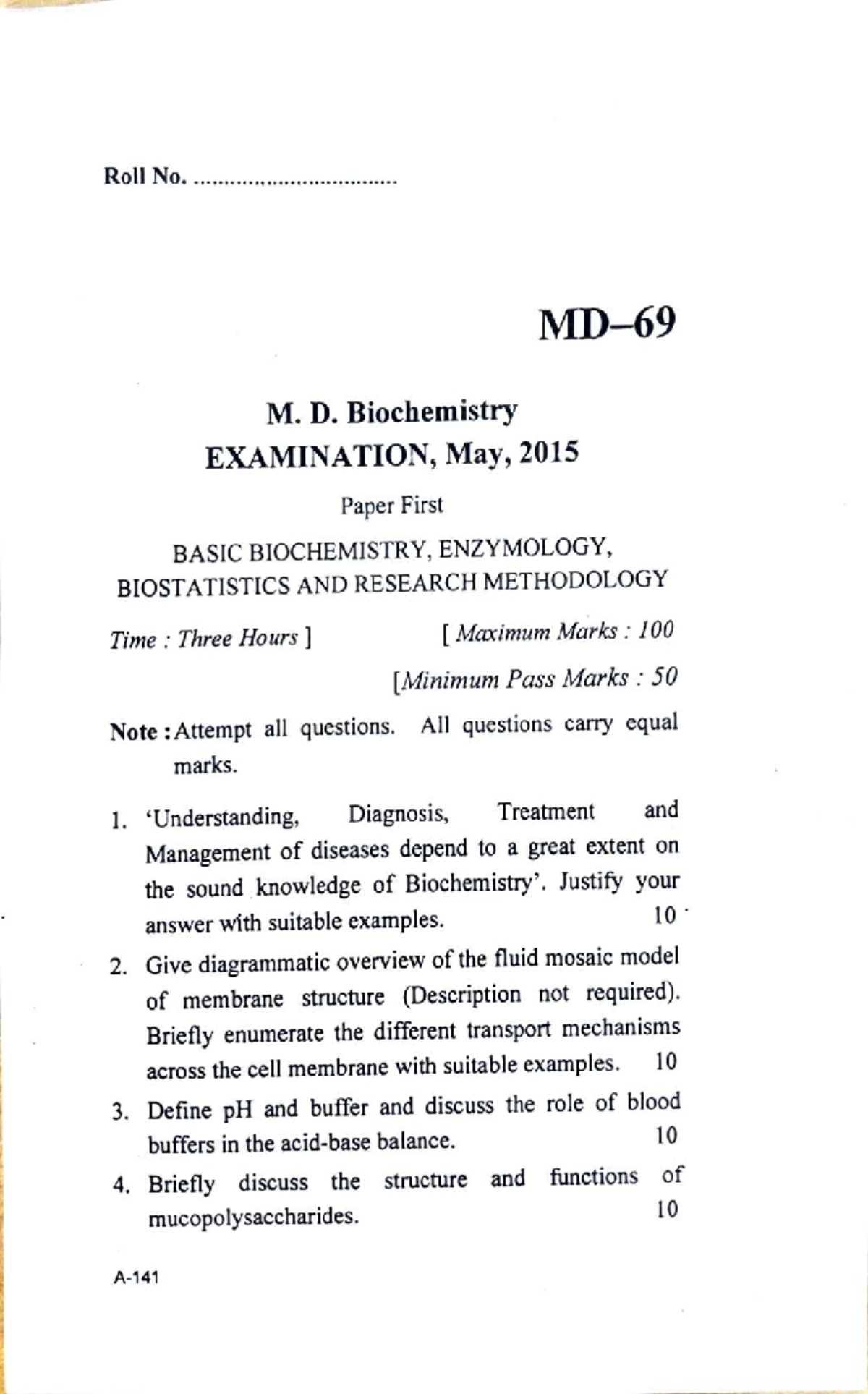 M.D. Biochemistry Final Exam May 2015: Basic Biochemistry & Enzymology ...
