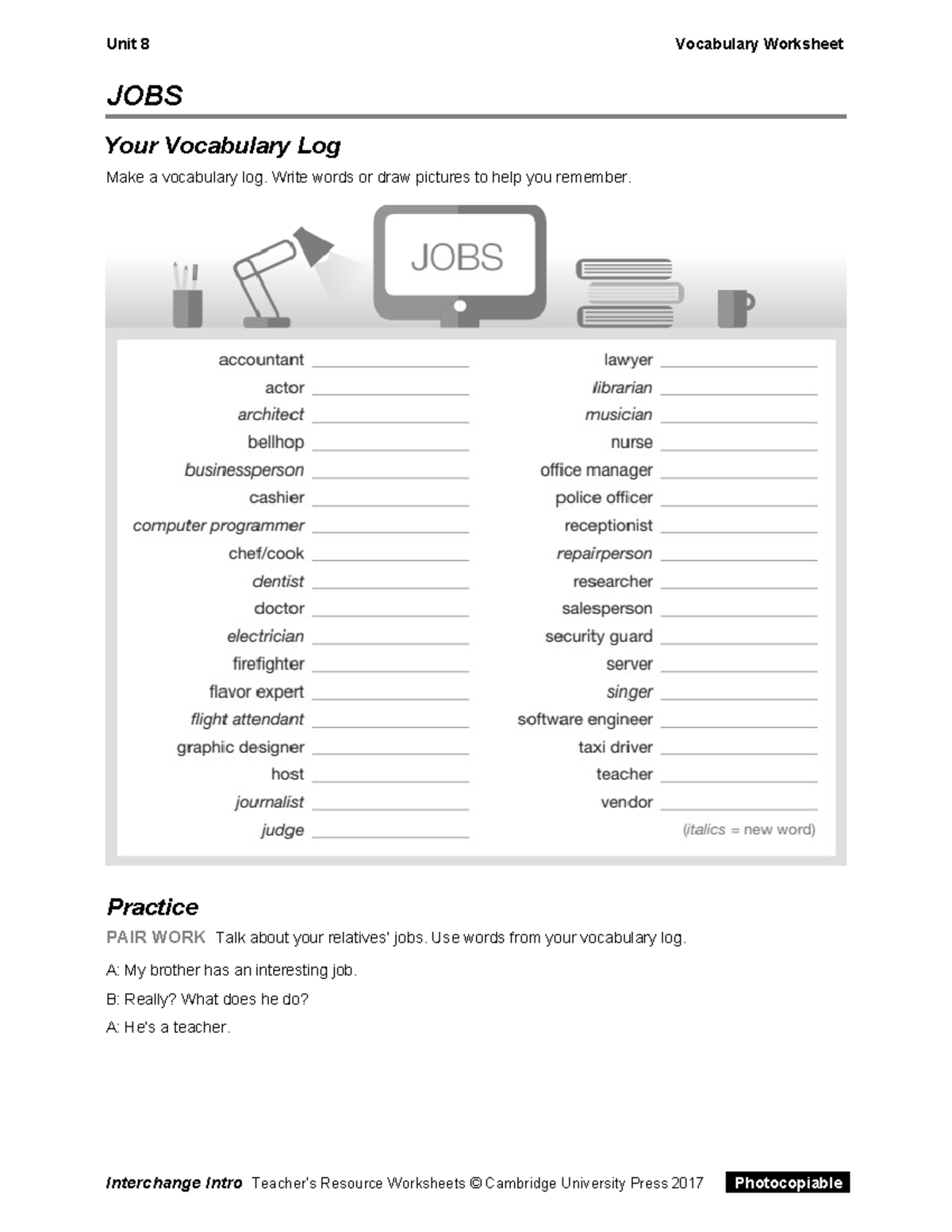 Interchange 5th Ed Intro Level Unit08 Vocabulary Worksheet - ingles ...