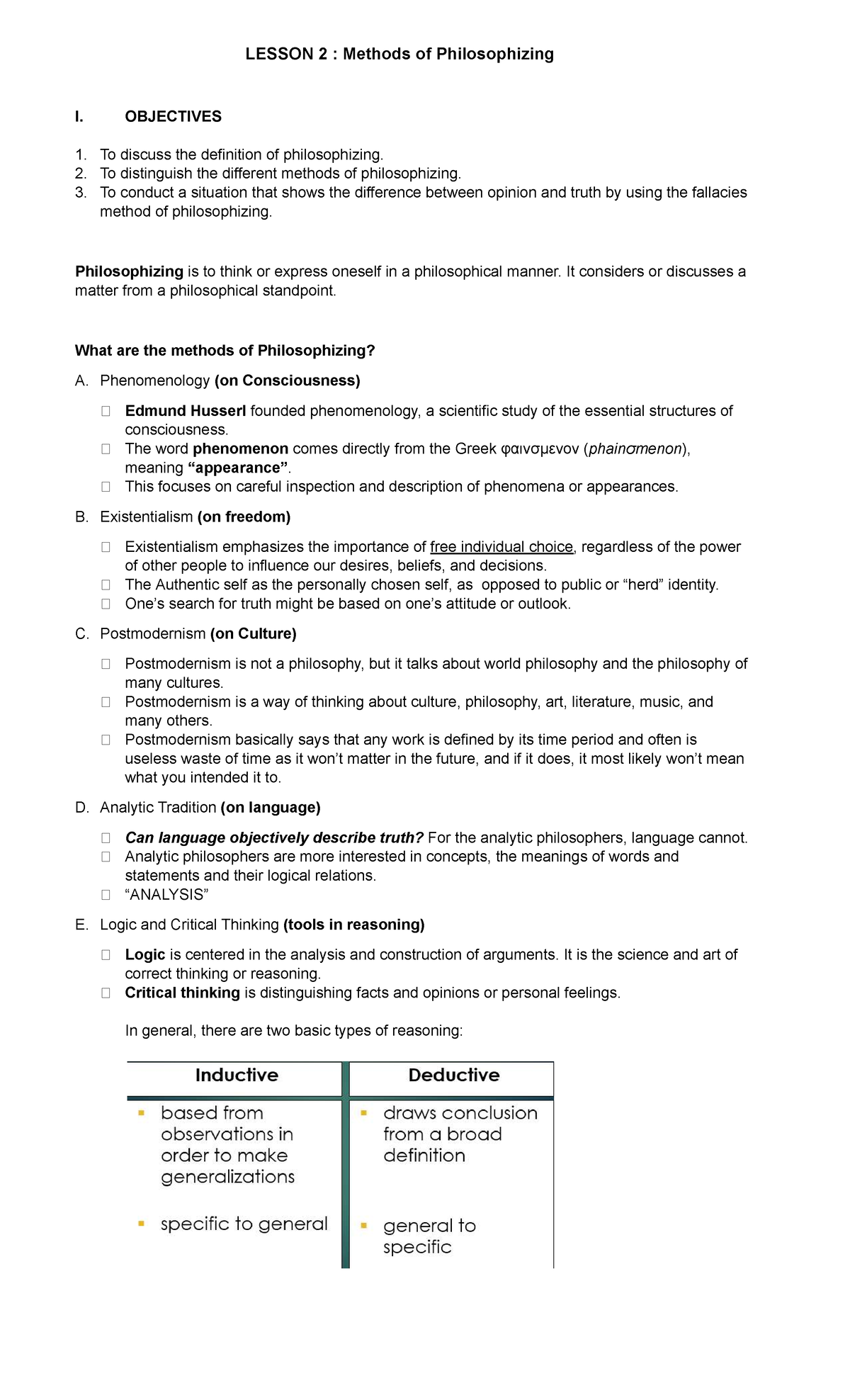 LESSON 2: Methods of Philosophizing and Their Objectives - Studocu