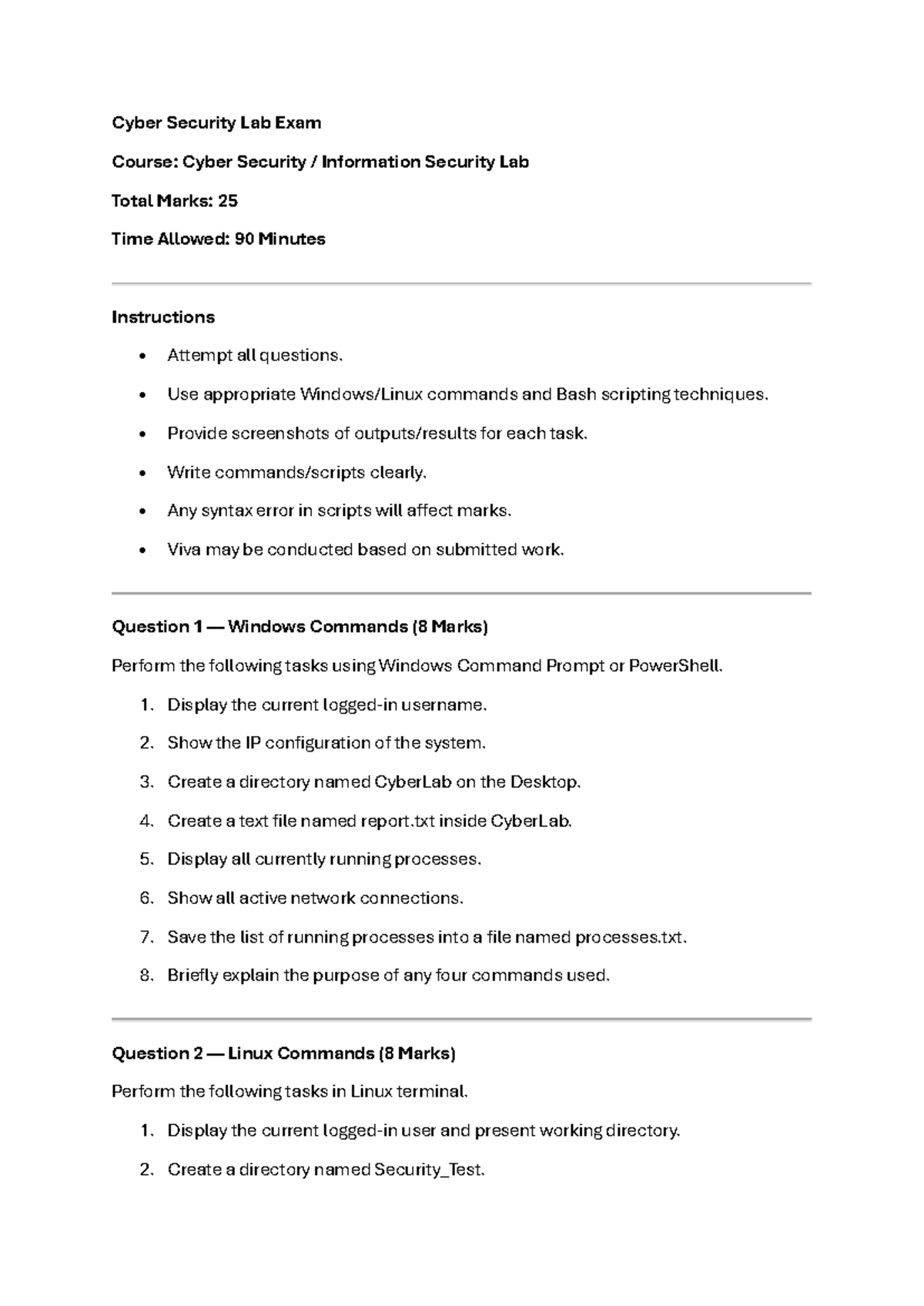 Cyber Security Lab Exam: Windows & Linux Commands - Studocu
