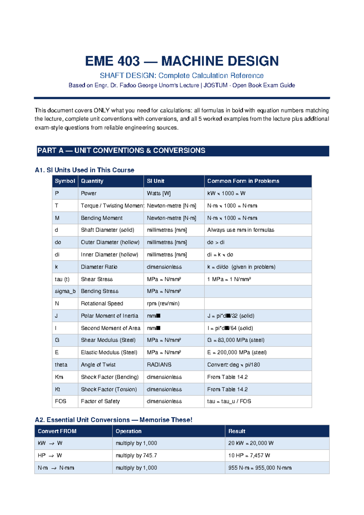 EME 403 Shaft Design: Comprehensive Calculation Guide for Exams - Studocu