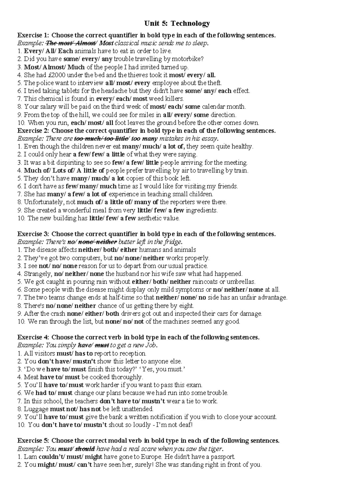 Unit 5: Review of Quantifiers and Modal Verbs Exercises - Studocu