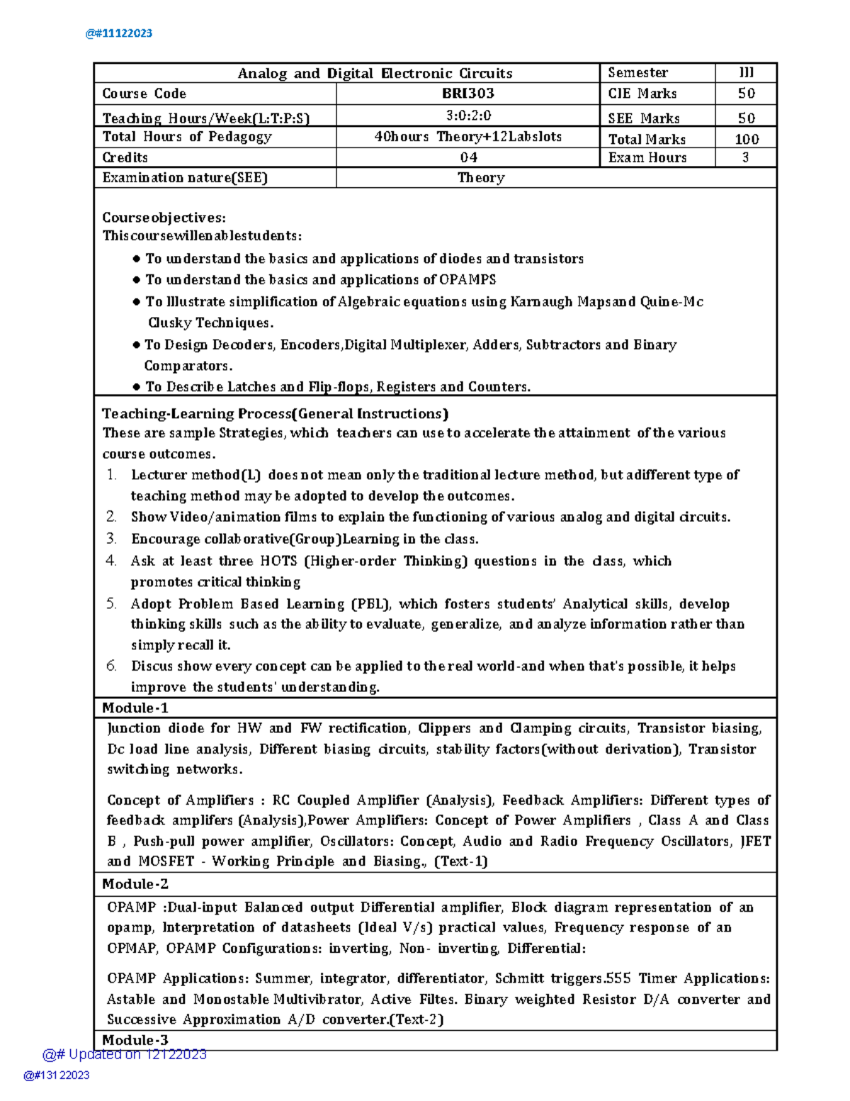 Bri303 Analog And Digital Electronic Circuits Syllabus Overview Studocu
