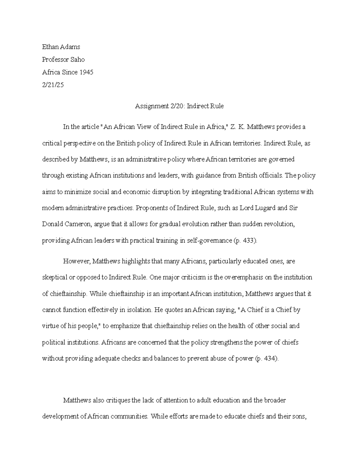 Assignment 2.20 Indirect Rule - Ethan Adams Professor Saho Africa Since ...