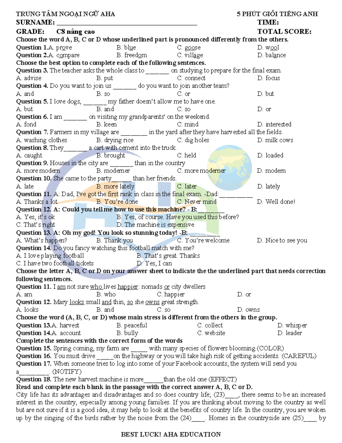 C8 0510 - AHA English Proficiency Test Practice Questions - Studocu