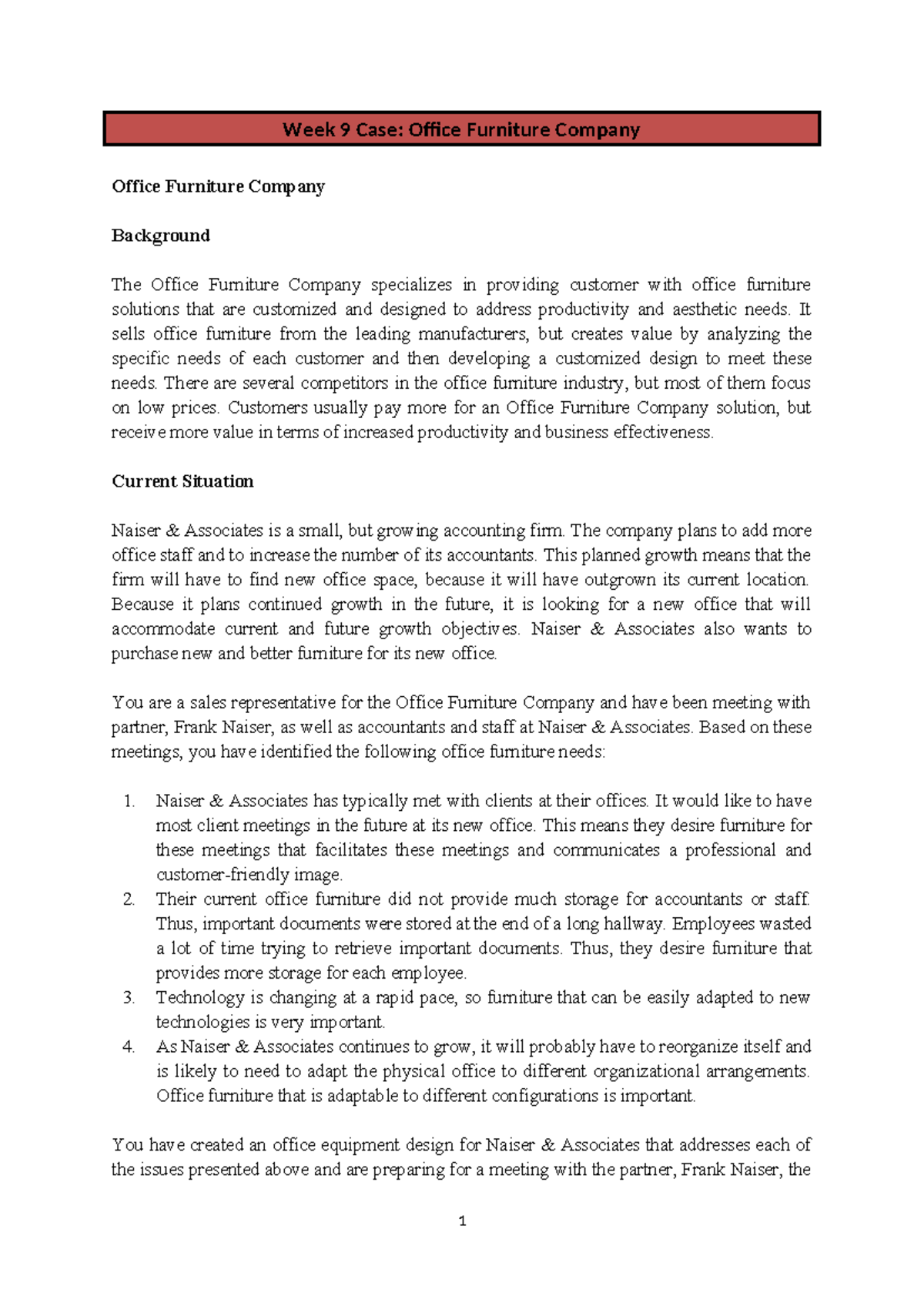 Week 9 Case Study: Office Furniture Solutions for Naiser Associates ...