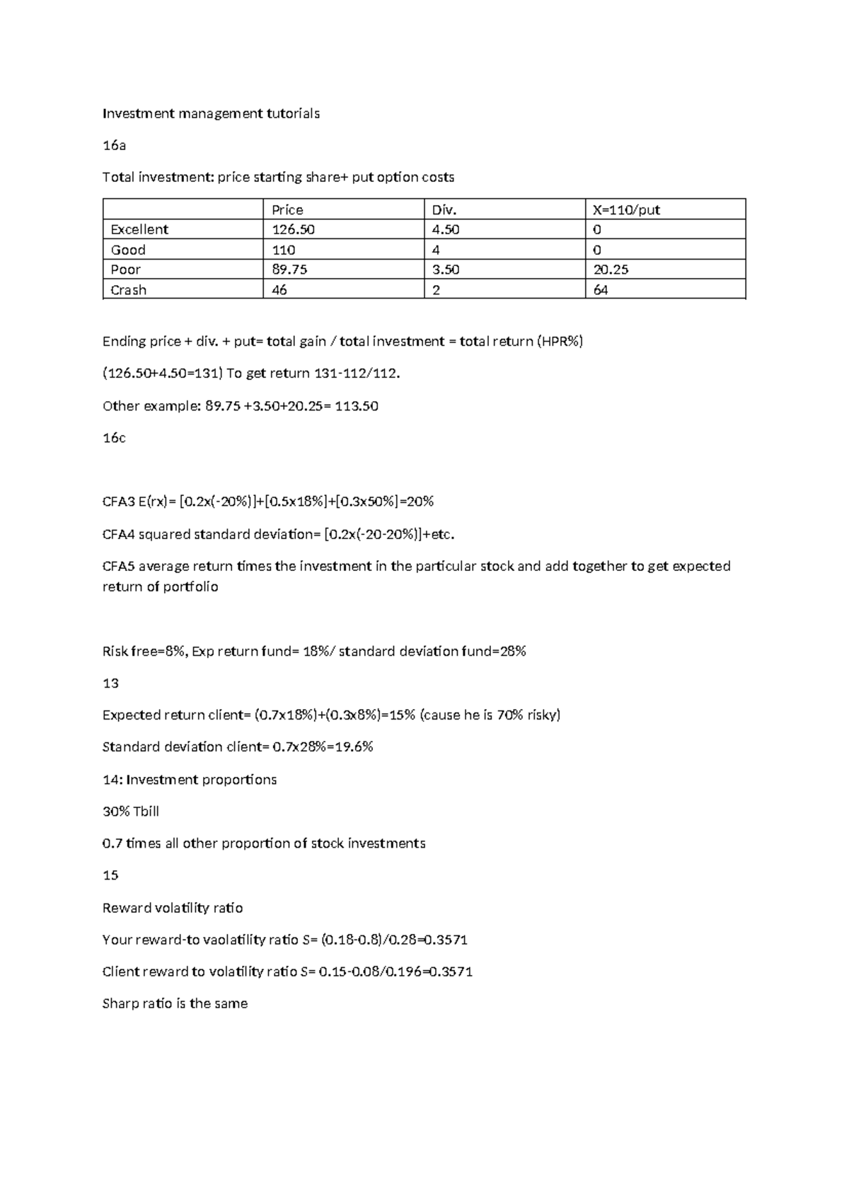 Investment Management Tutorial 1: Key Concepts and Formulas - Studeersnel
