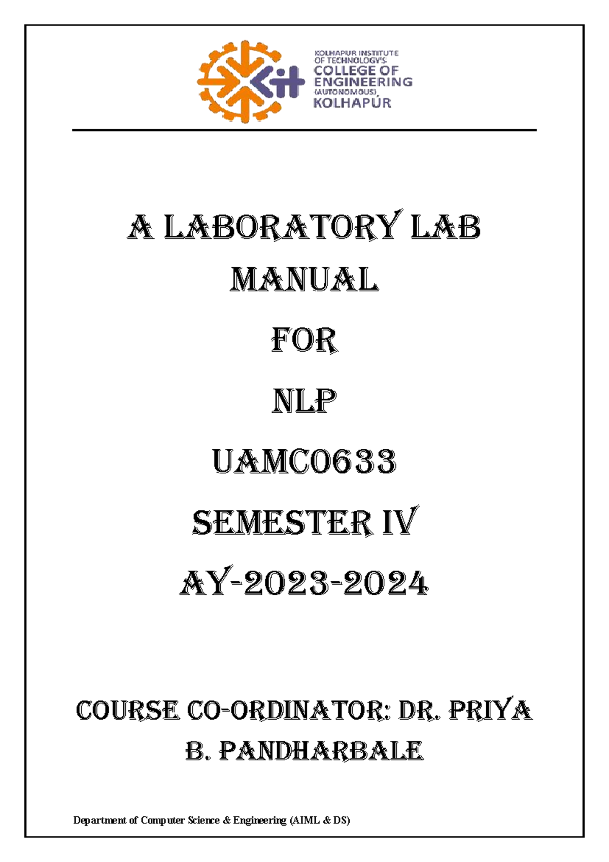 NLP LAB Manual final - A LABORATORY LAB MANUAL FOR NLP UAMC SEMESTER IV ...