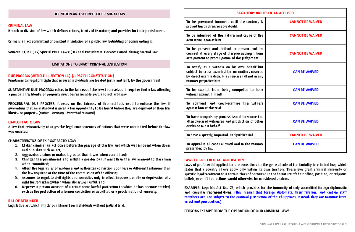 CRIM 1 Prelims: Key Principles and Concepts of Criminal Law - Studocu