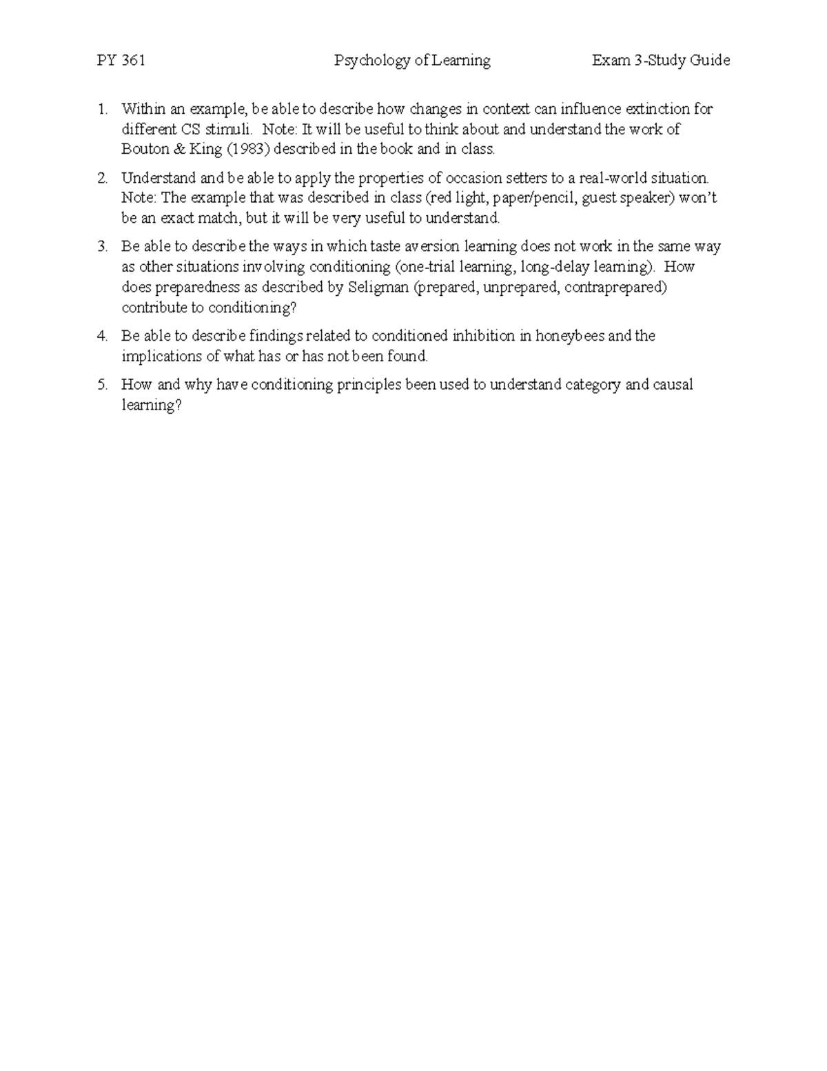 361 Exam 3 Study Guide - PY 361 Psychology of Learning Exam 3-Study ...
