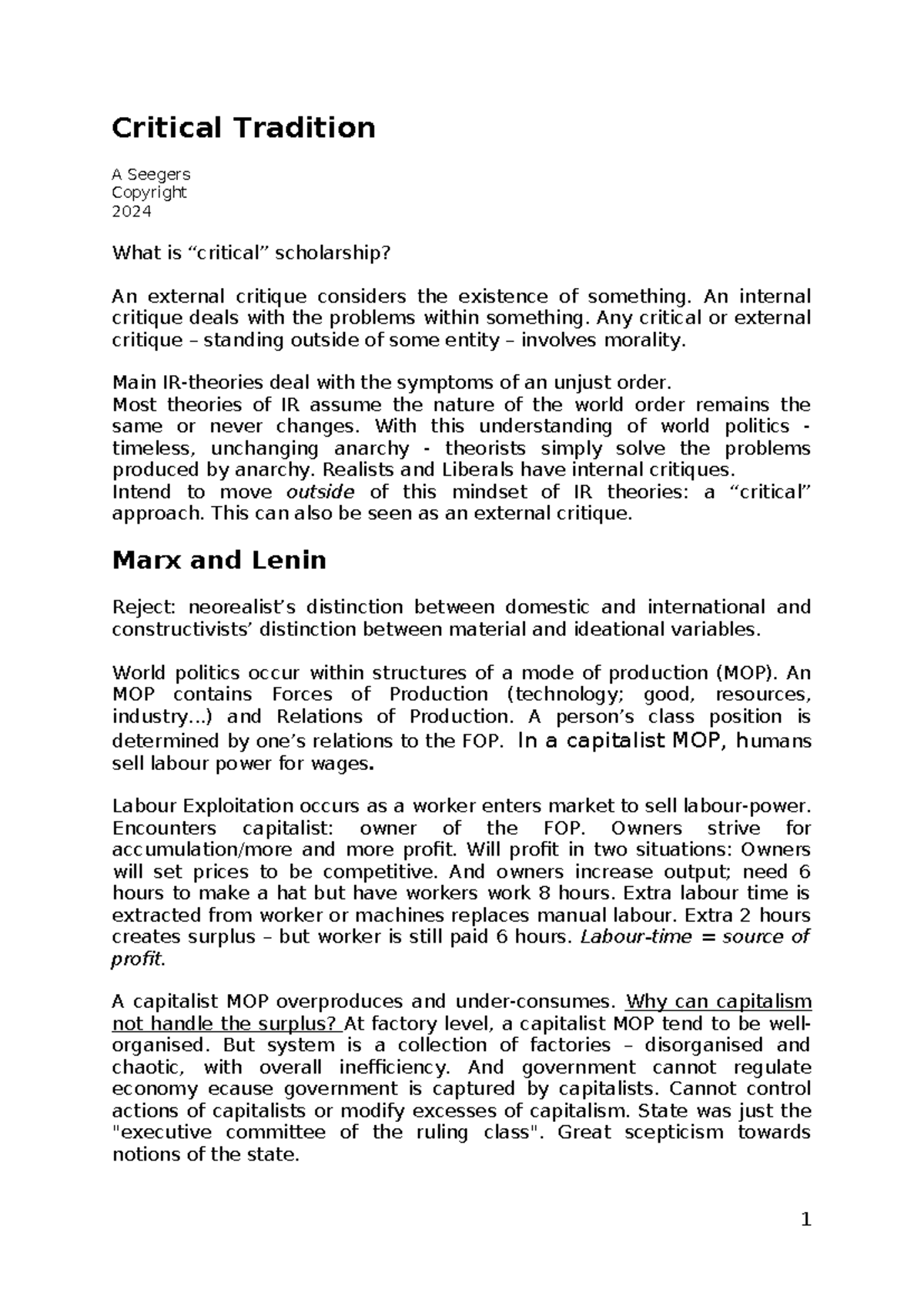 1. week 1 critical tradition - Critical Tradition A Seegers Copyright ...