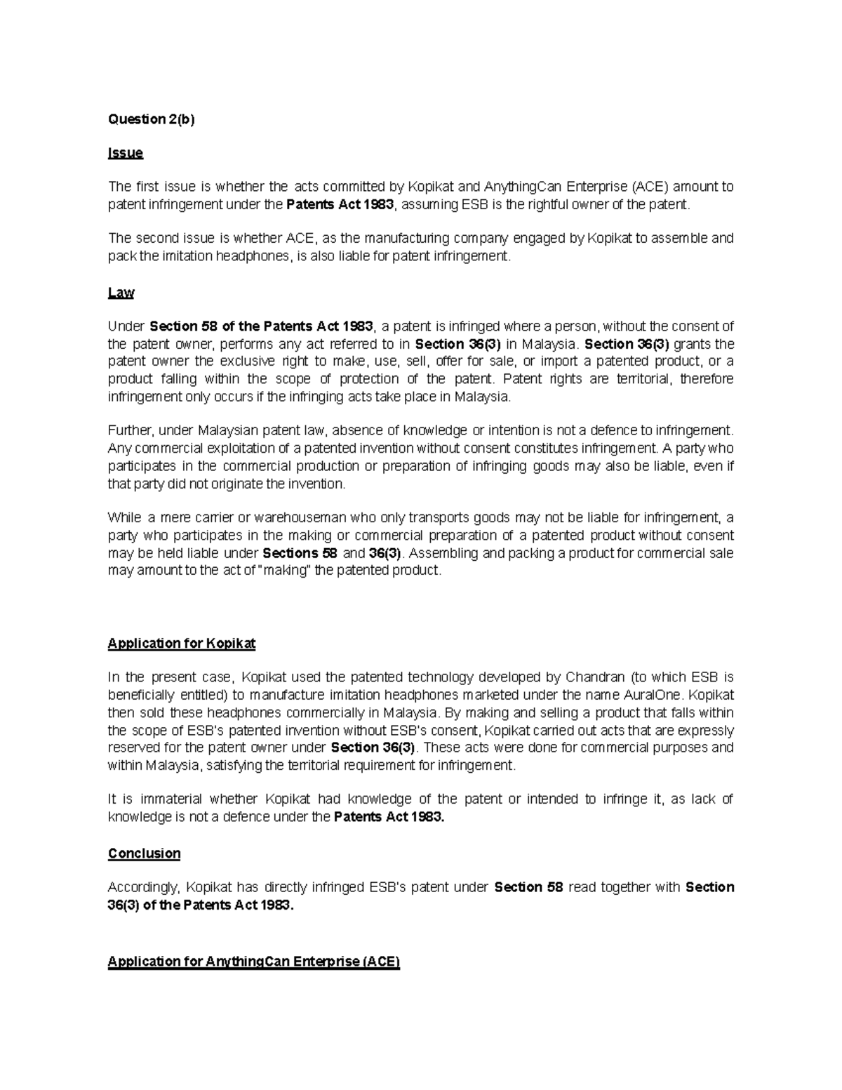 IP2 TUTO: Patent Infringement Analysis under Patents Act 1983 - Studocu
