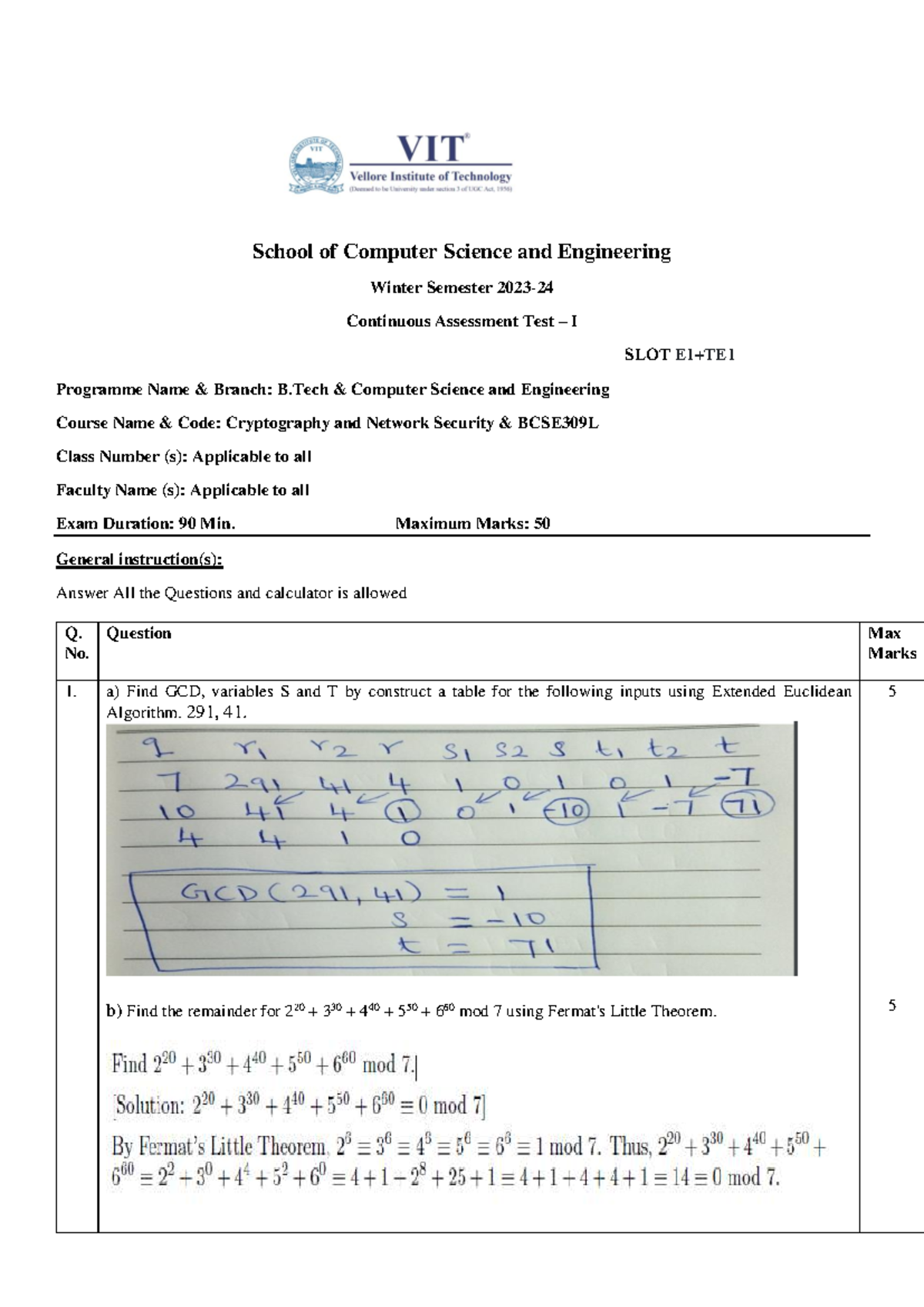BCSE309L Continuous Assessment Test I - Cryptography & Network Security ...