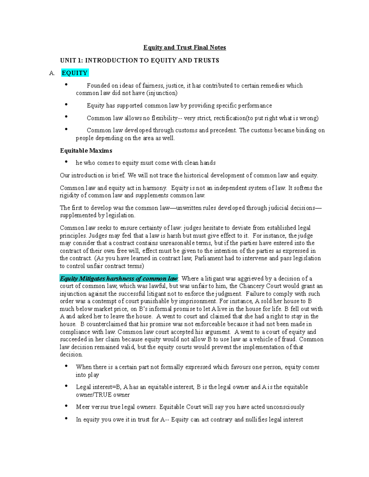 Final Exam Notes - Equity and Trust Final Notes UNIT 1: INTRODUCTION TO ...