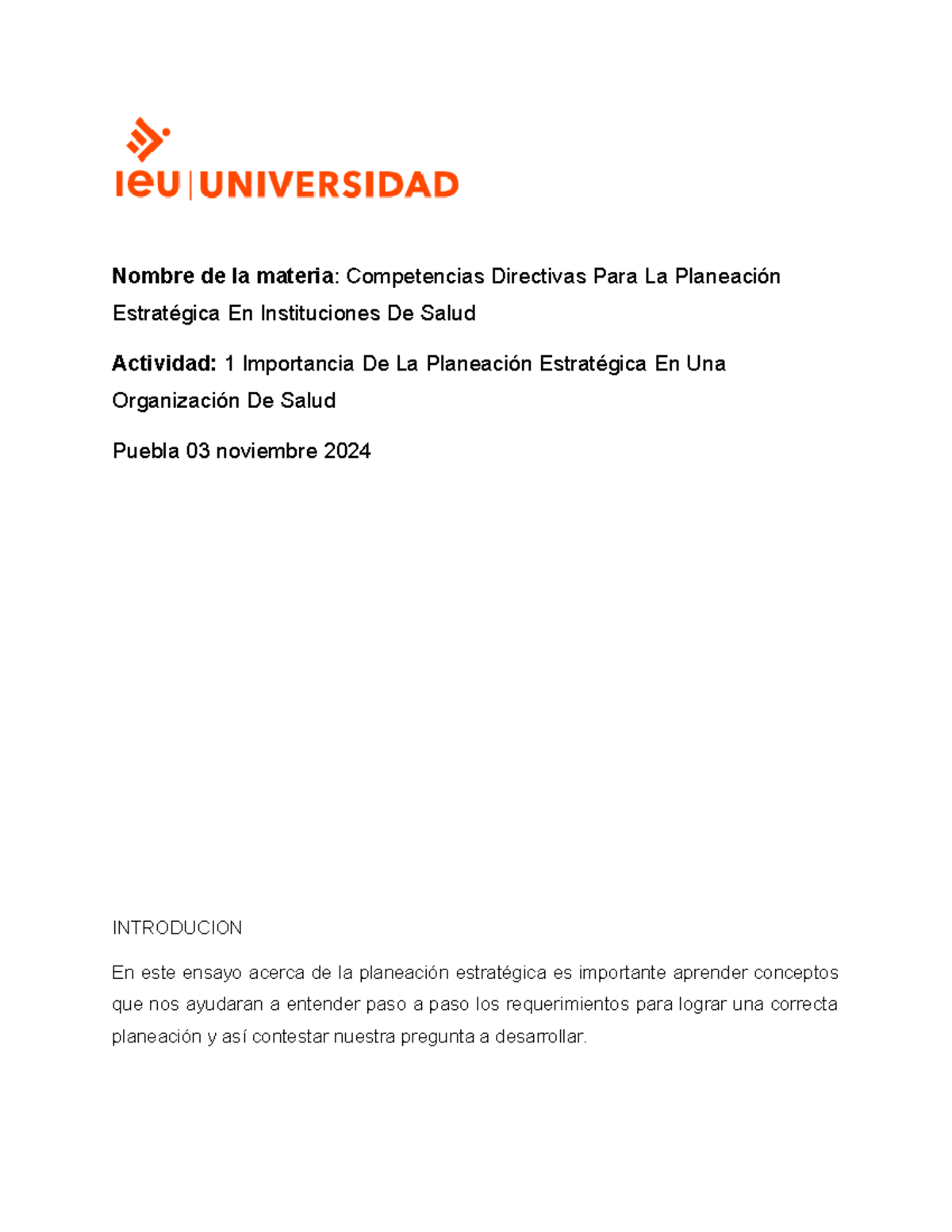 Actividad 1 - planeacion estrategica - Nombre de la materia ...