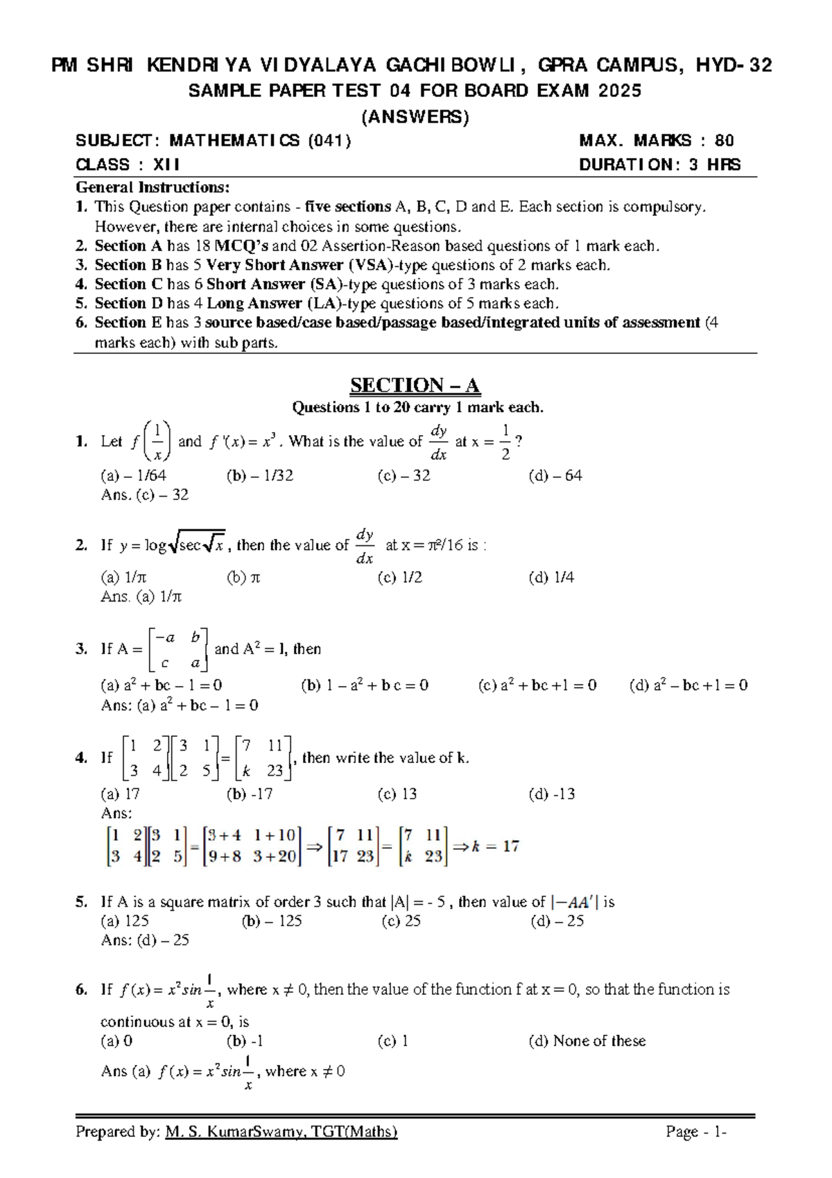 Maths class xii sample paper test 04 for board exam 2025 answers - PM ...